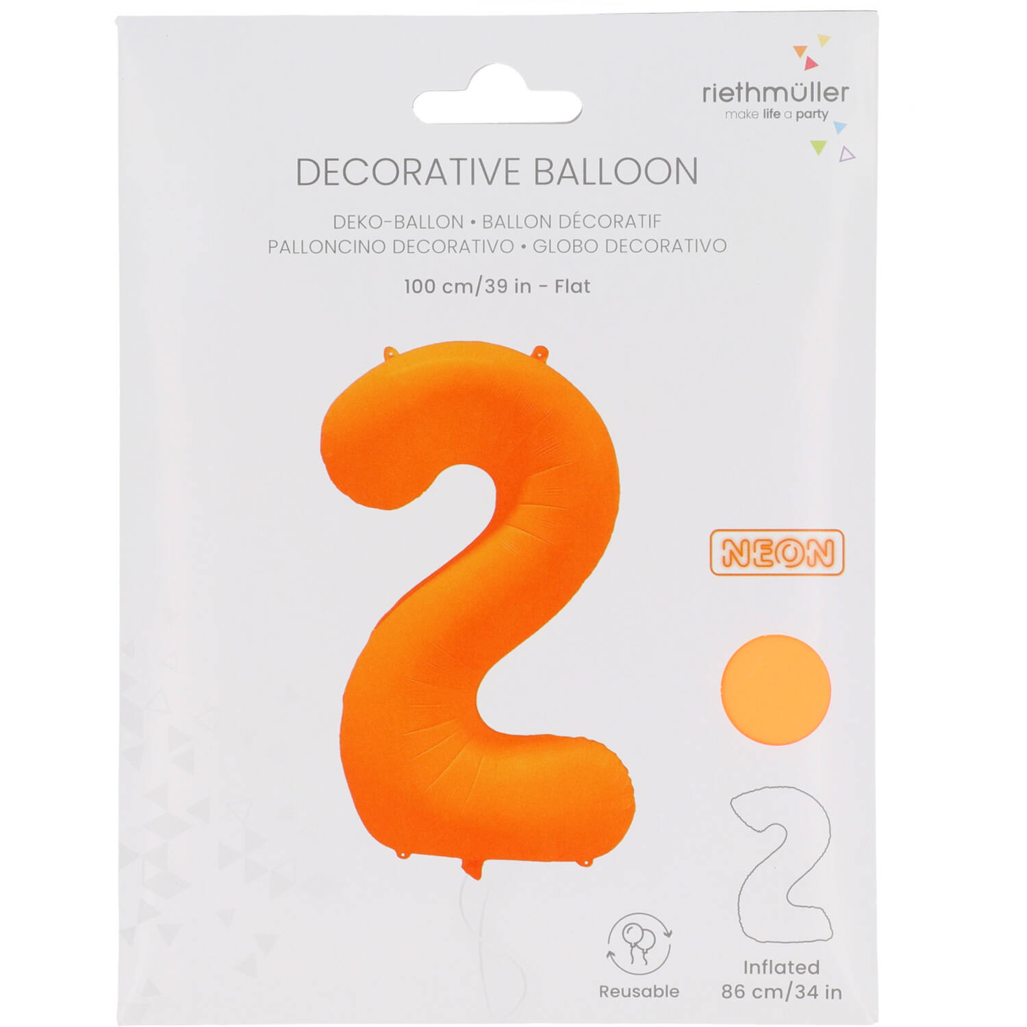 Foil Balloon Number 2 - Neon Orange - 86 cm