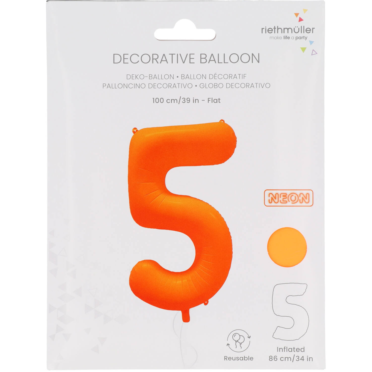 Foil Balloon Number 5 - Neon Orange - 86 cm