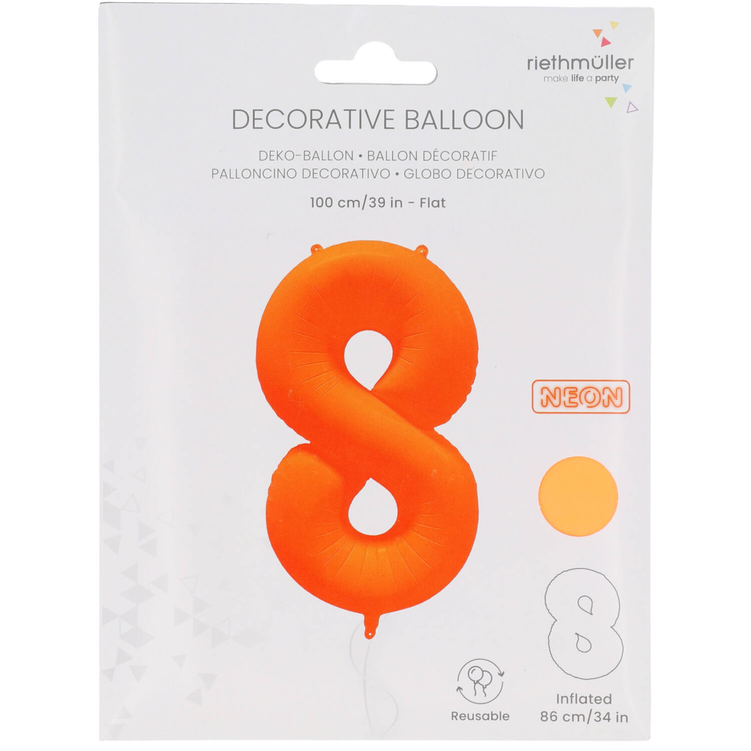 Foil Balloon Number 8 - Neon Orange - 86 cm