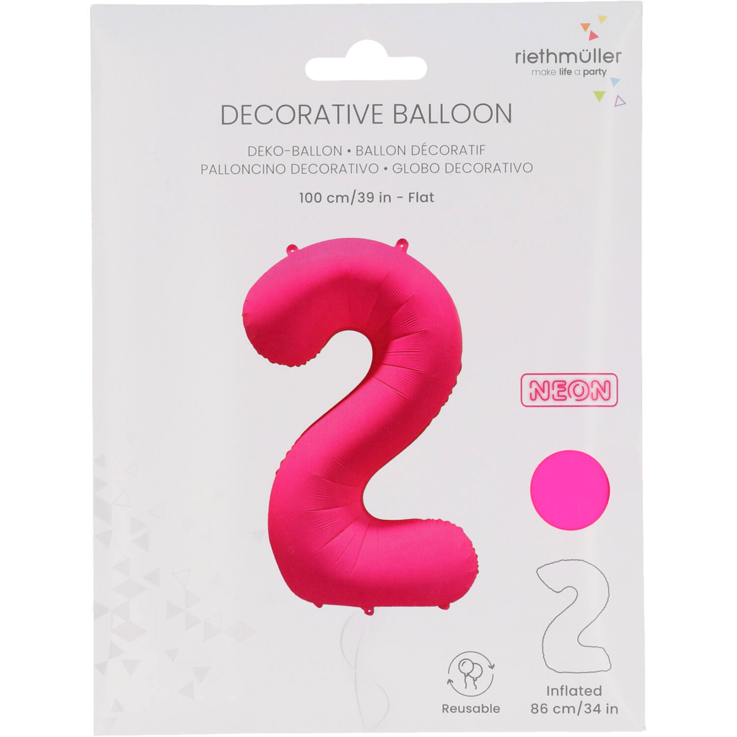 Foil Balloon Number 2 - Neon Pink - 86 cm