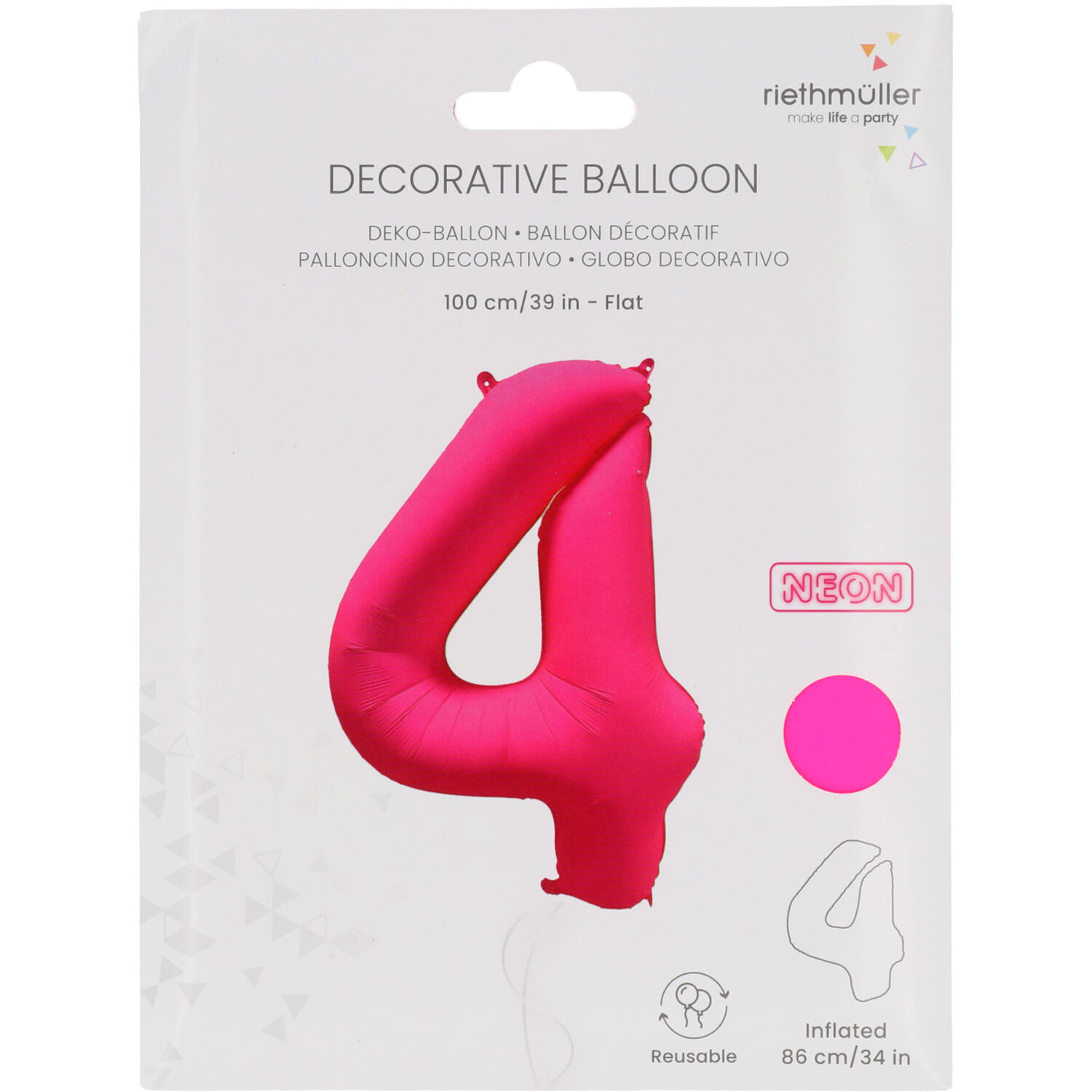 Foil Balloon Number 4 - Neon Pink - 86 cm