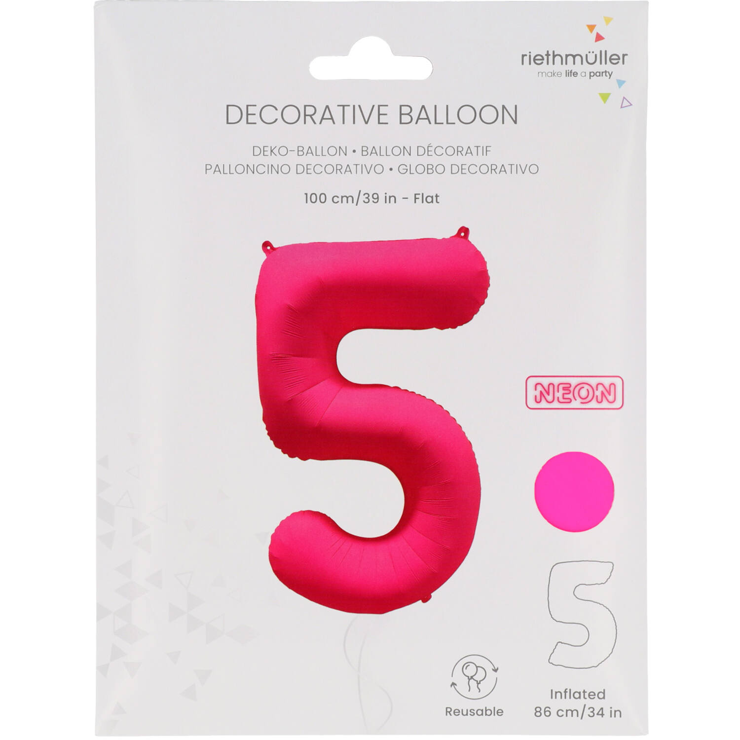 Foil Balloon Number 5 - Neon Pink - 86 cm