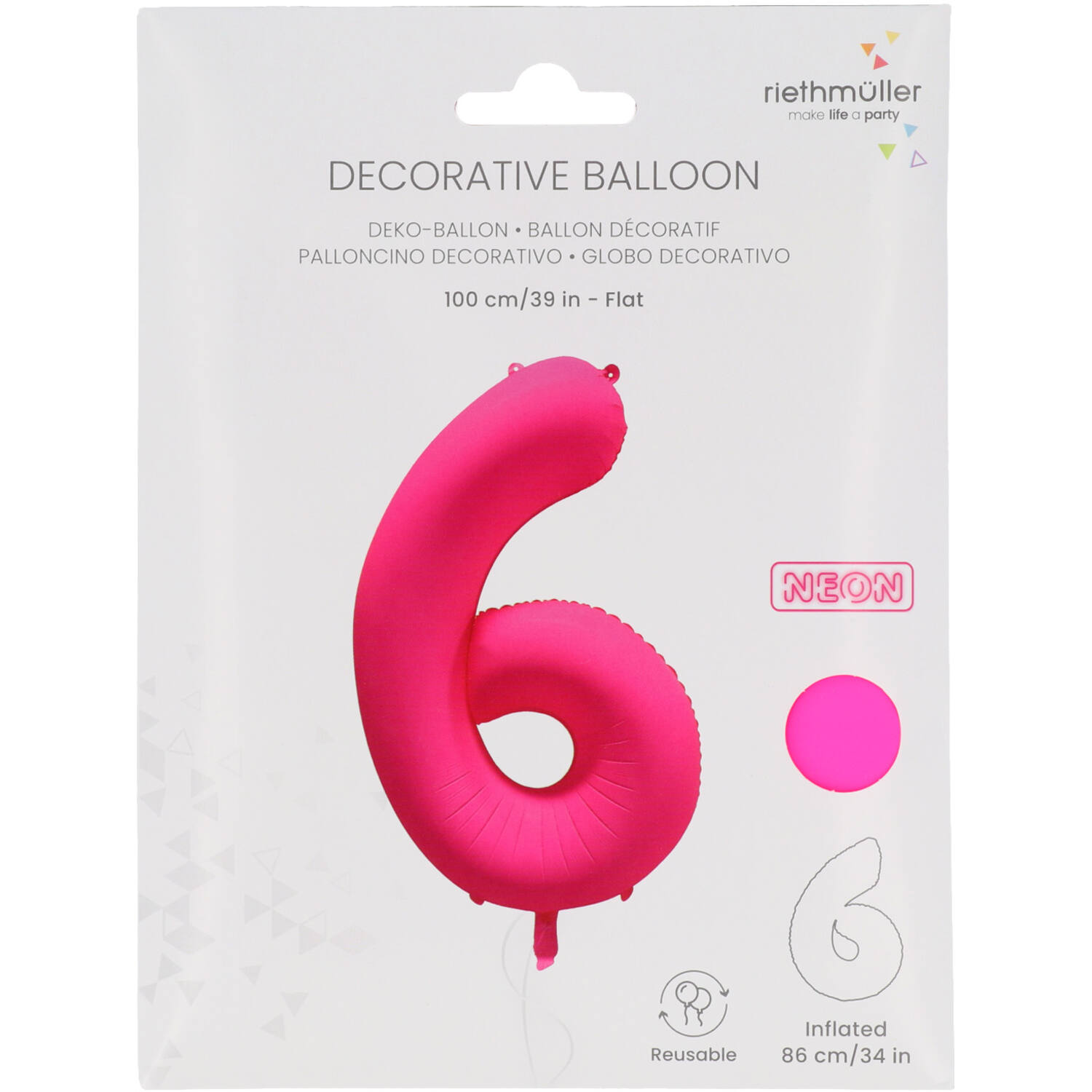 Foil Balloon Number 6 - Neon Pink - 86 cm