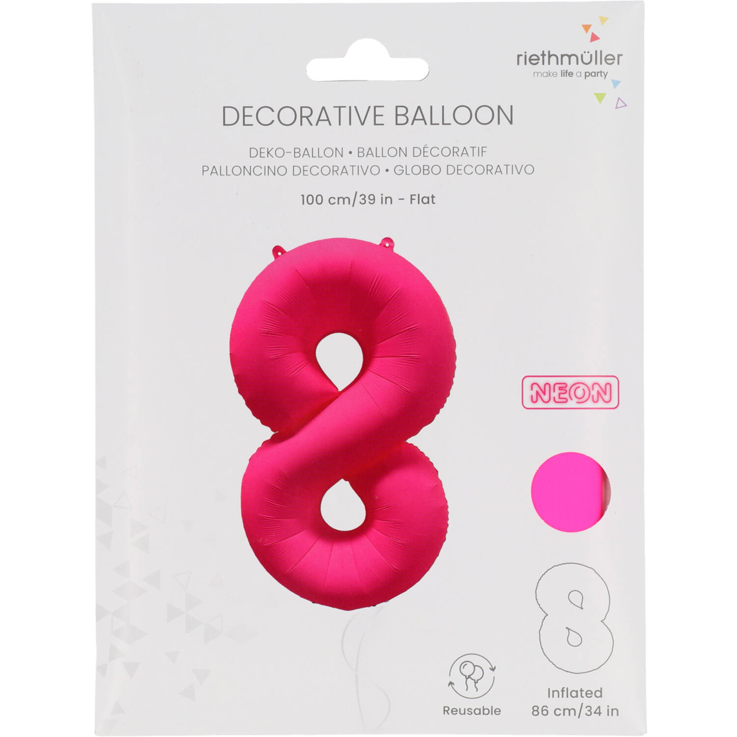 Foil Balloon Number 8 - Neon Pink - 86 cm