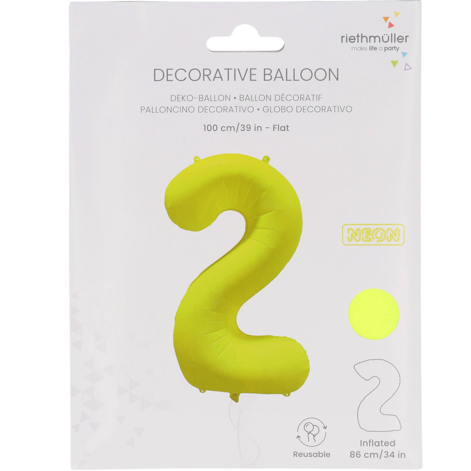 Foil Balloon Number 2 - Neon Yellow - 86 cm