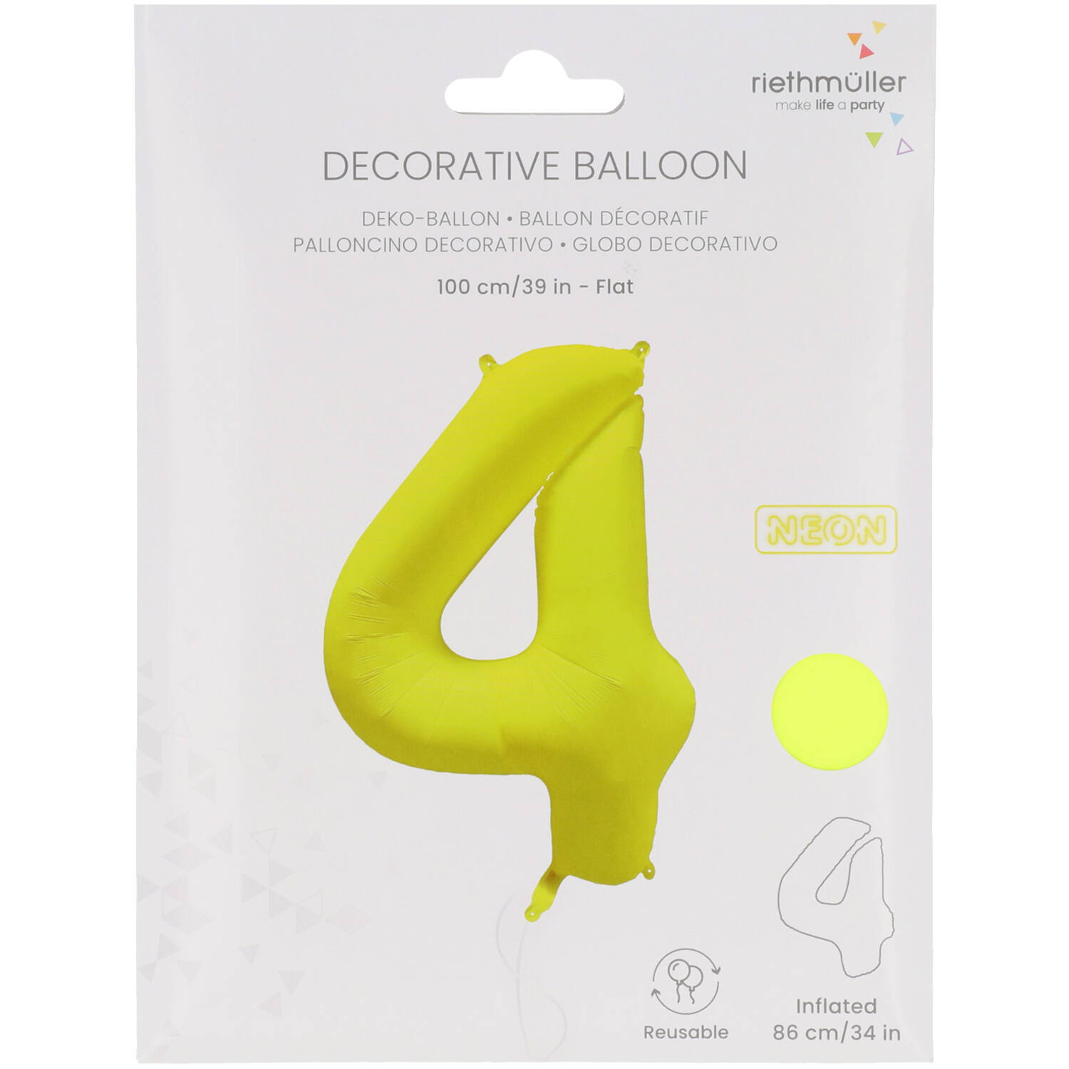 Foil Balloon Number 4 - Neon Yellow - 86 cm
