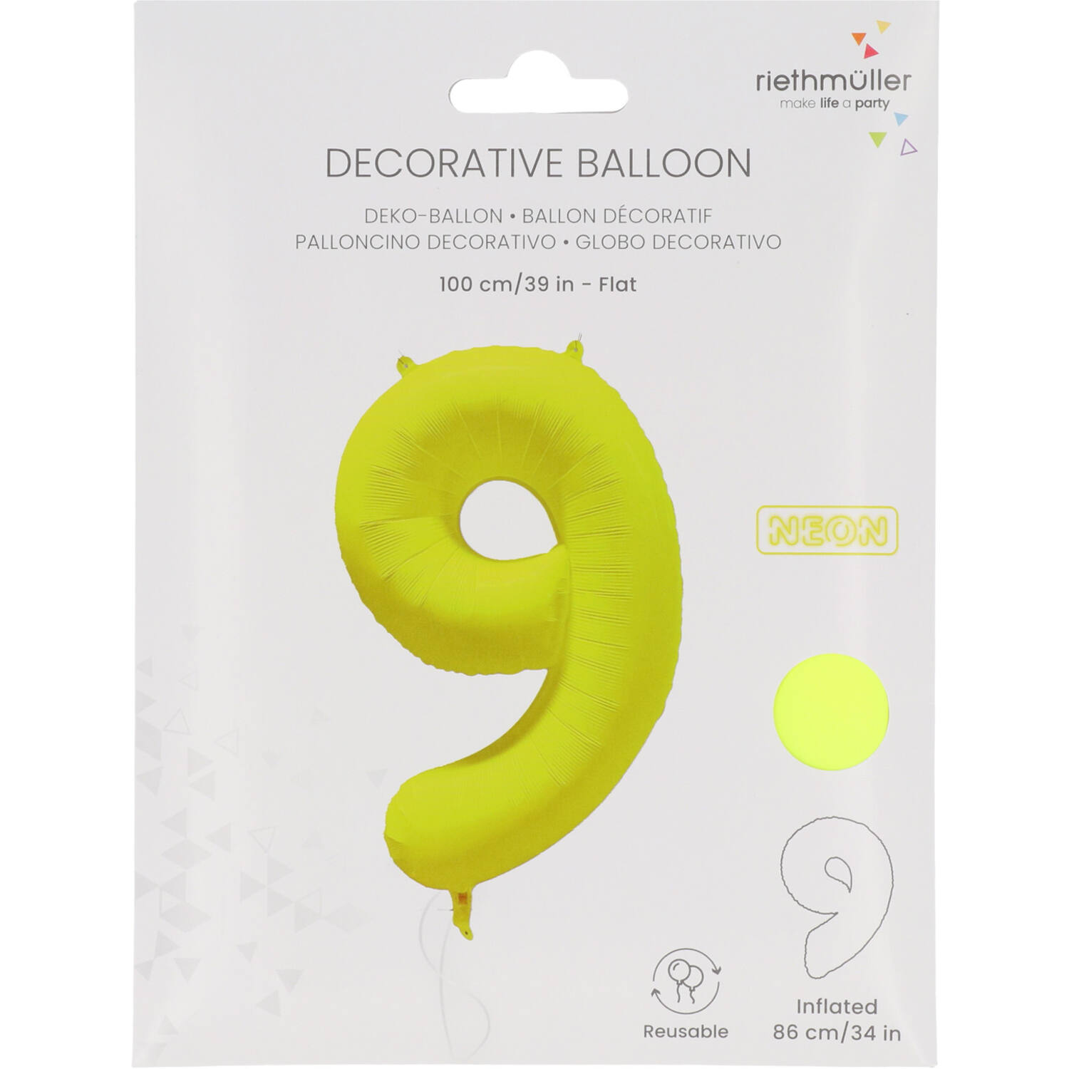 Foil Balloon Number 9 - Neon Yellow - 86 cm