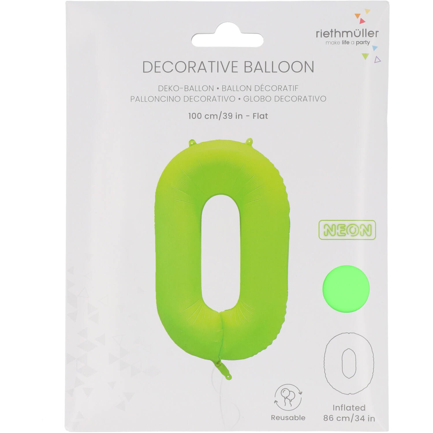 Foil Balloon Number 0 - Neon Green - 86 cm