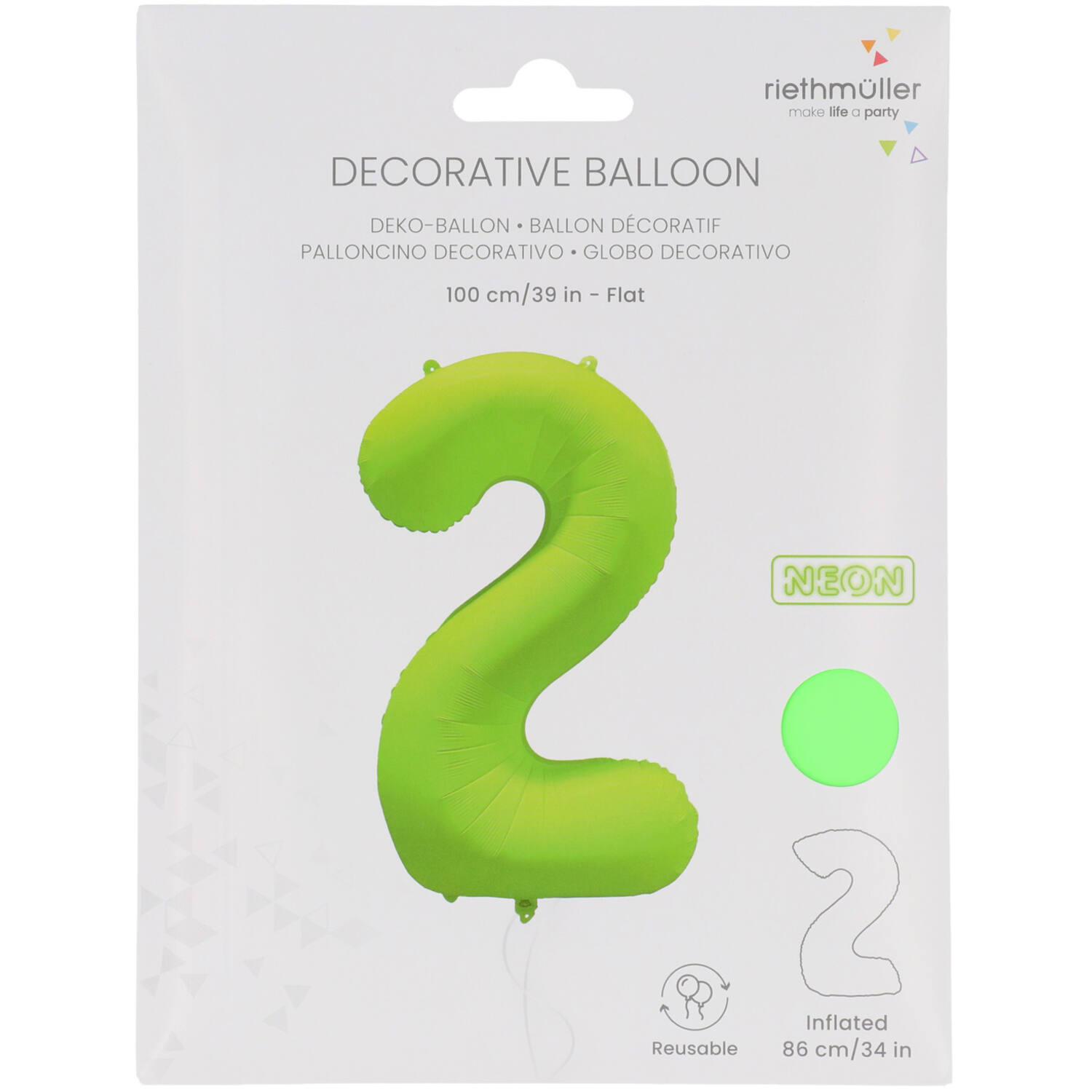 Foil Balloon Number 2 - Neon Green - 86 cm