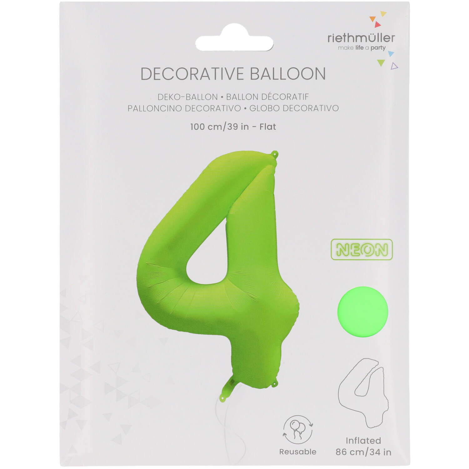 Foil Balloon Number 4 - Neon Green - 86 cm