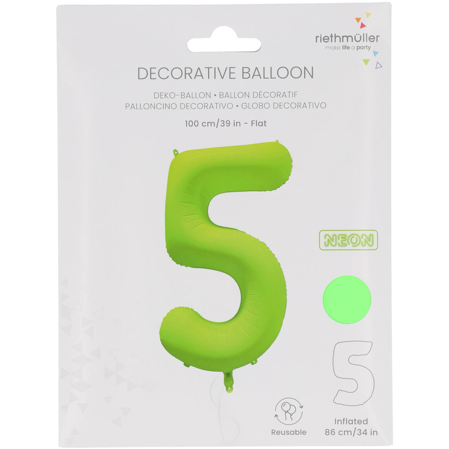 Foil Balloon Number 5 - Neon Green - 86 cm