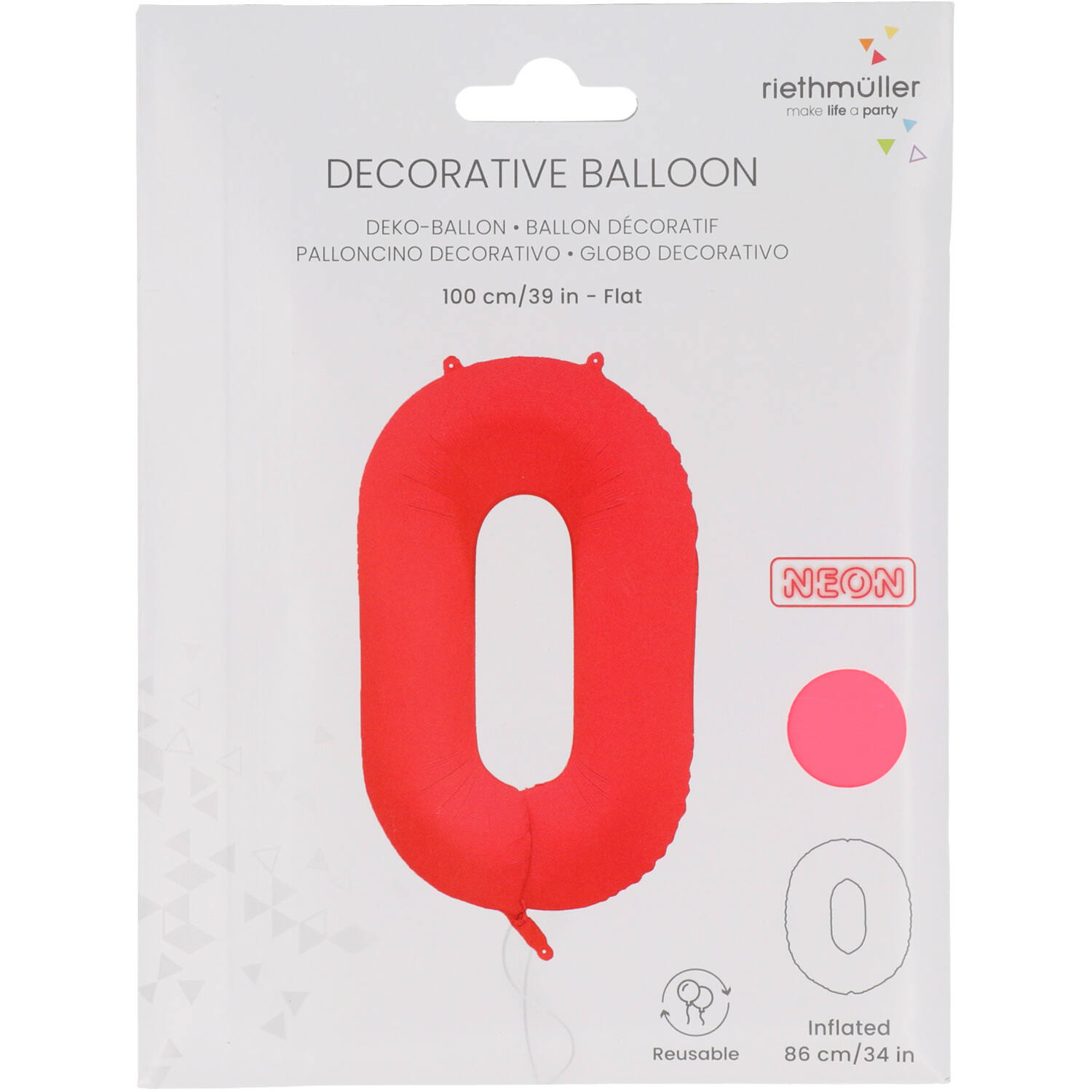 Foil Balloon Number 0 - Neon Red - 86 cm