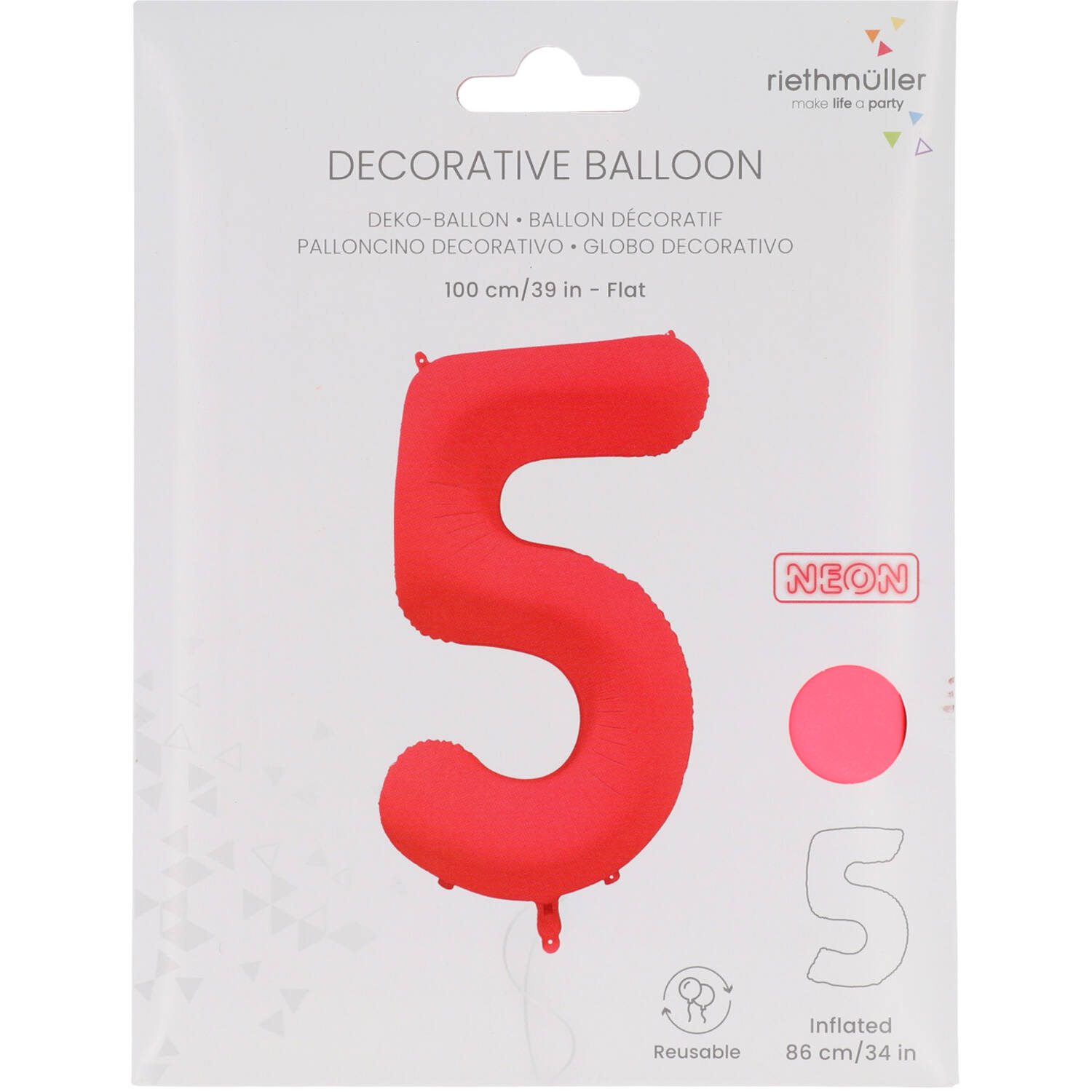 Foil Balloon Number 5 - Neon Red - 86 cm