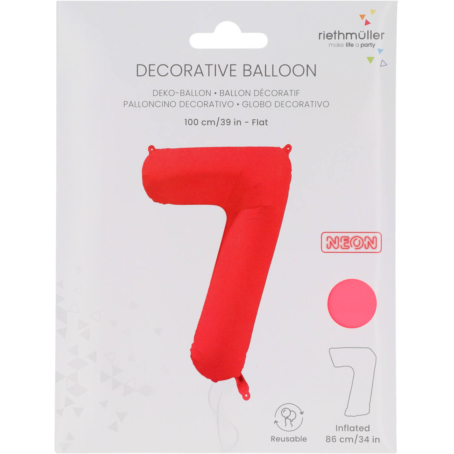 Foil Balloon Number 7 - Neon Red - 86 cm