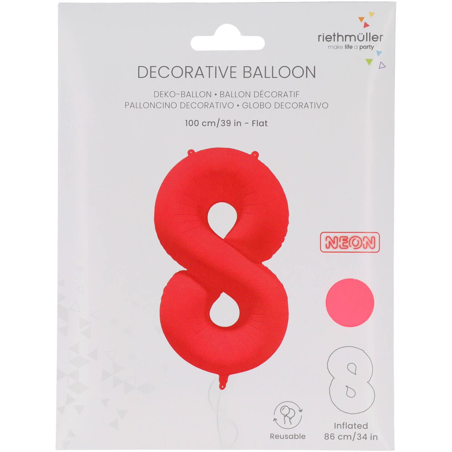 Foil Balloon Number 8 - Neon Red - 86 cm