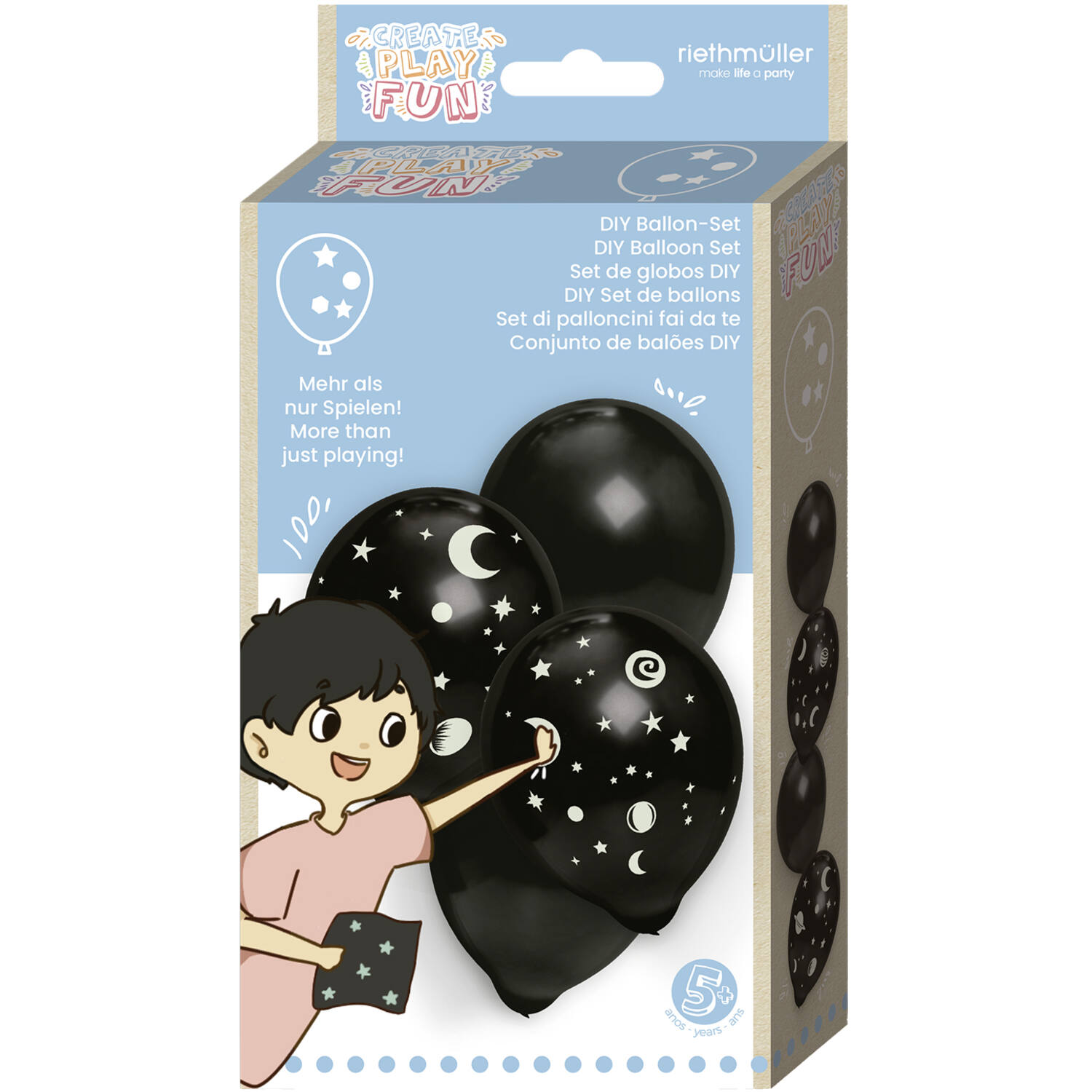 4 latex balloons 36 cm black with glow-in-the-dark stickers and balloon holders