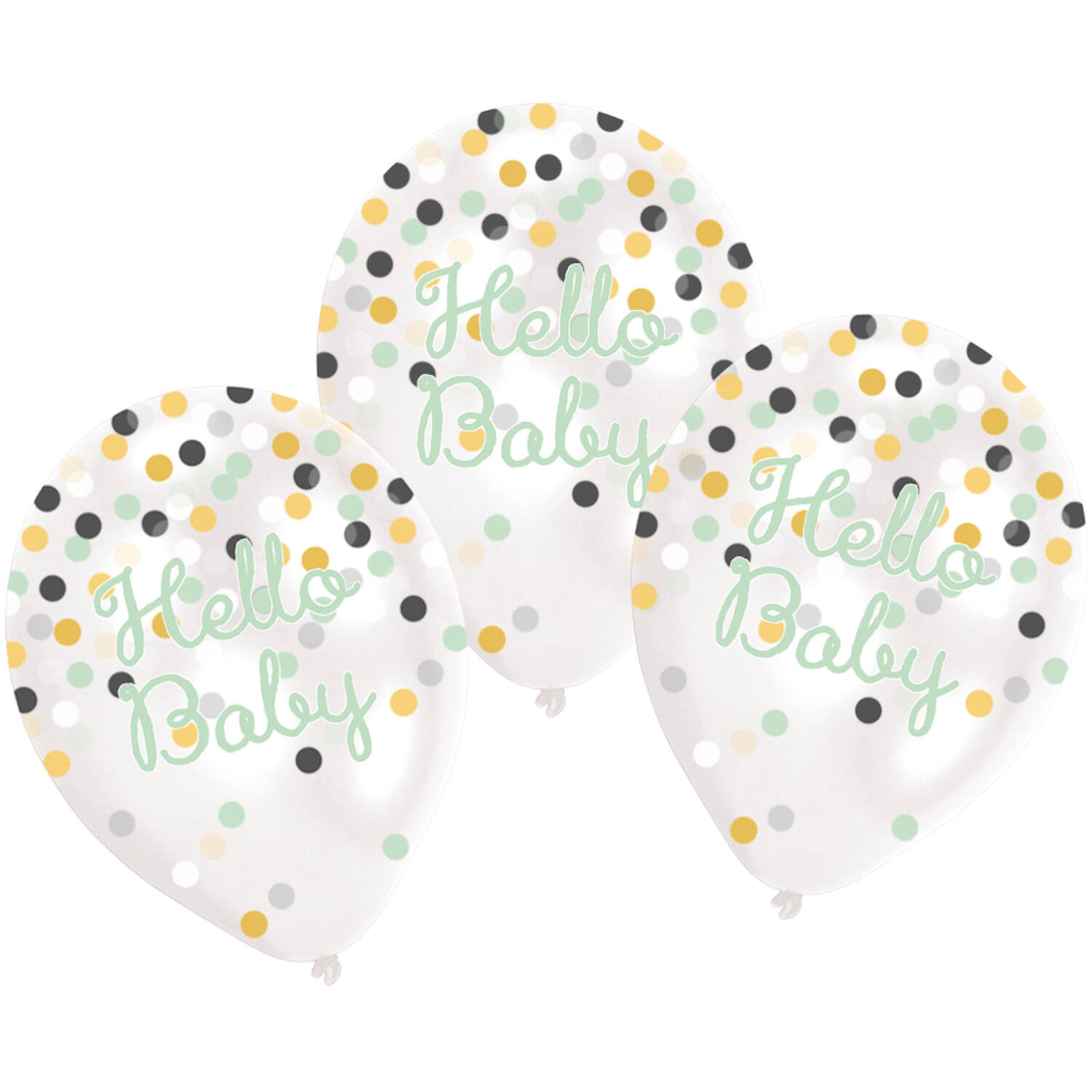 6 Latex Balloons Clear Confetti Filled Hello Baby 27.5 cm / 11"