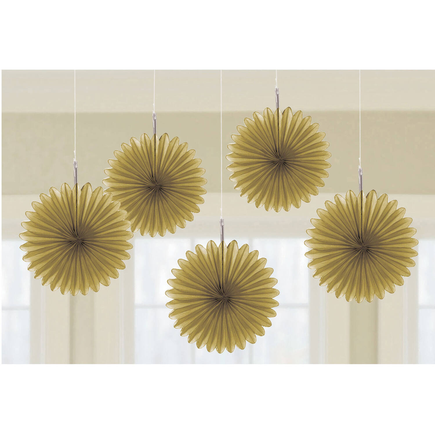 5 Fan Decorations Gold Paper 15.2 cm