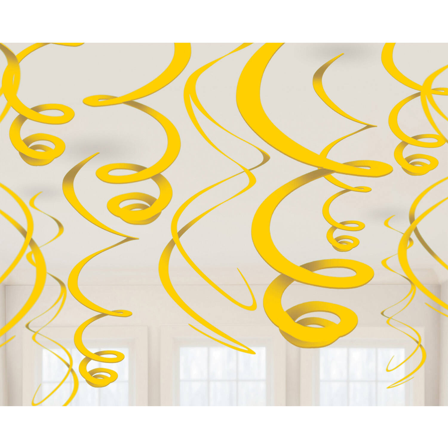 12 Swirl Decorations Sunshine Yellow Foil 55.8 cm
