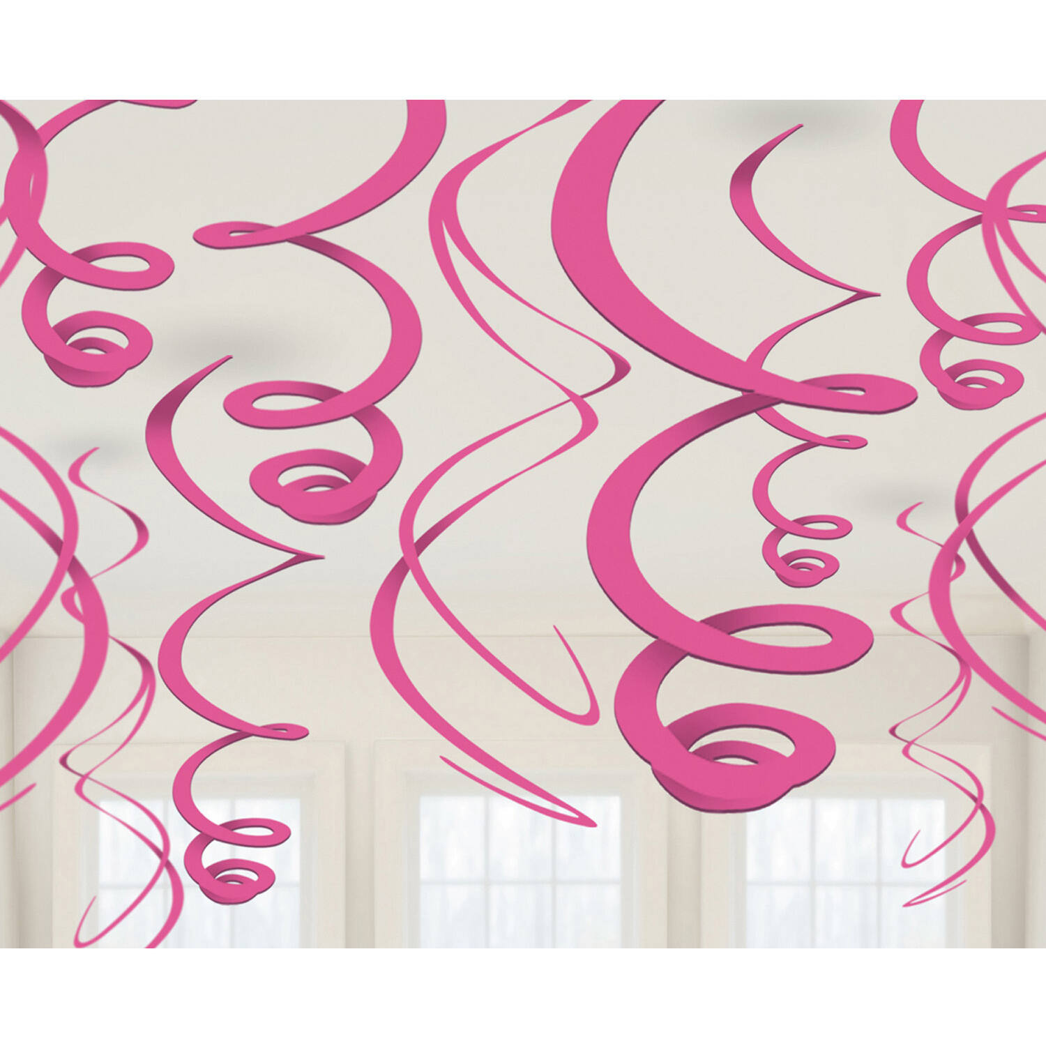 12 Swirl Decorations Bright Pink Foil 55.8 cm