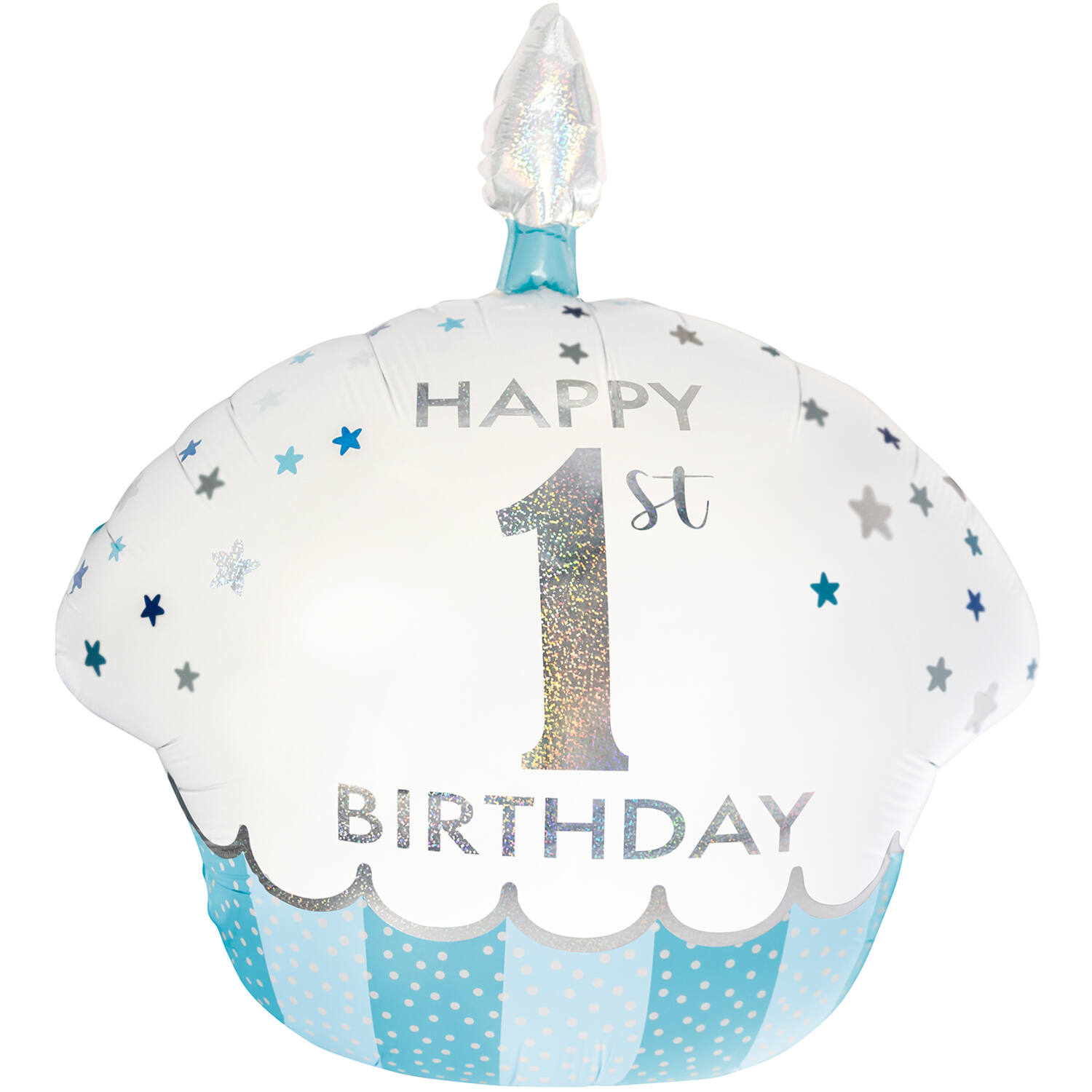 Large Shape Holographic 1st Birthday Cupcake Boy Foil Balloon H50 Packaged 67 cm x 58 cm