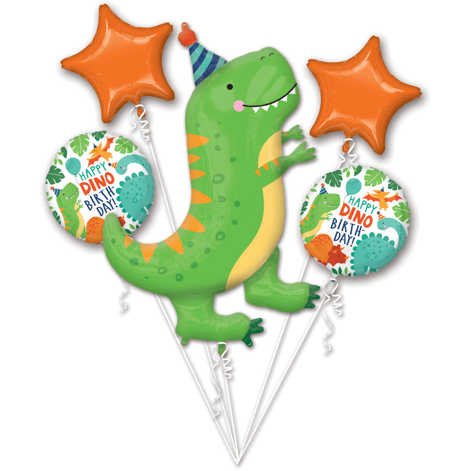 Foil Balloon Bouquet - Dino - Green and Orange - 5 pieces