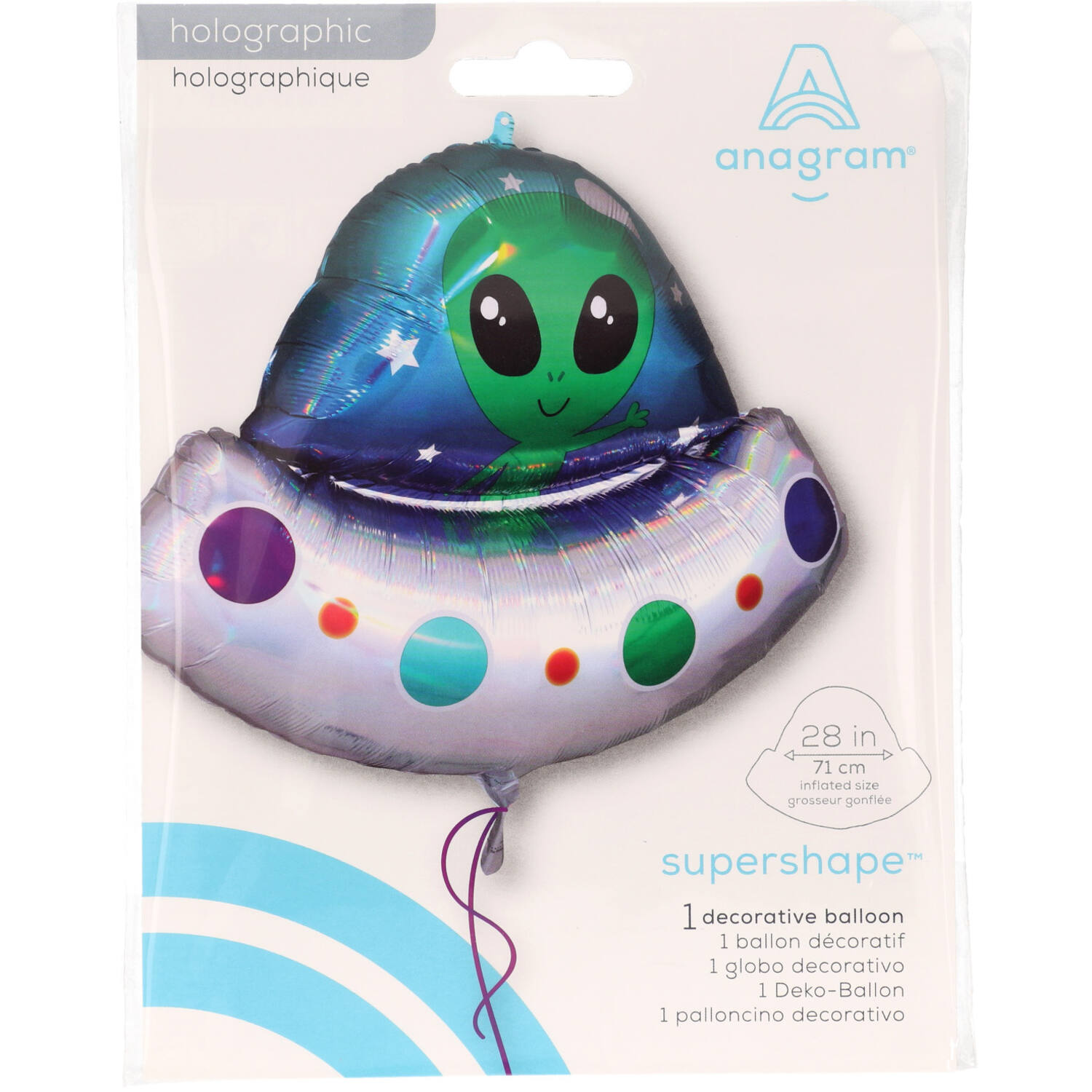 Foil Balloon - Shape - Alien in Spaceship - Holographic - 71 x 53 cm
