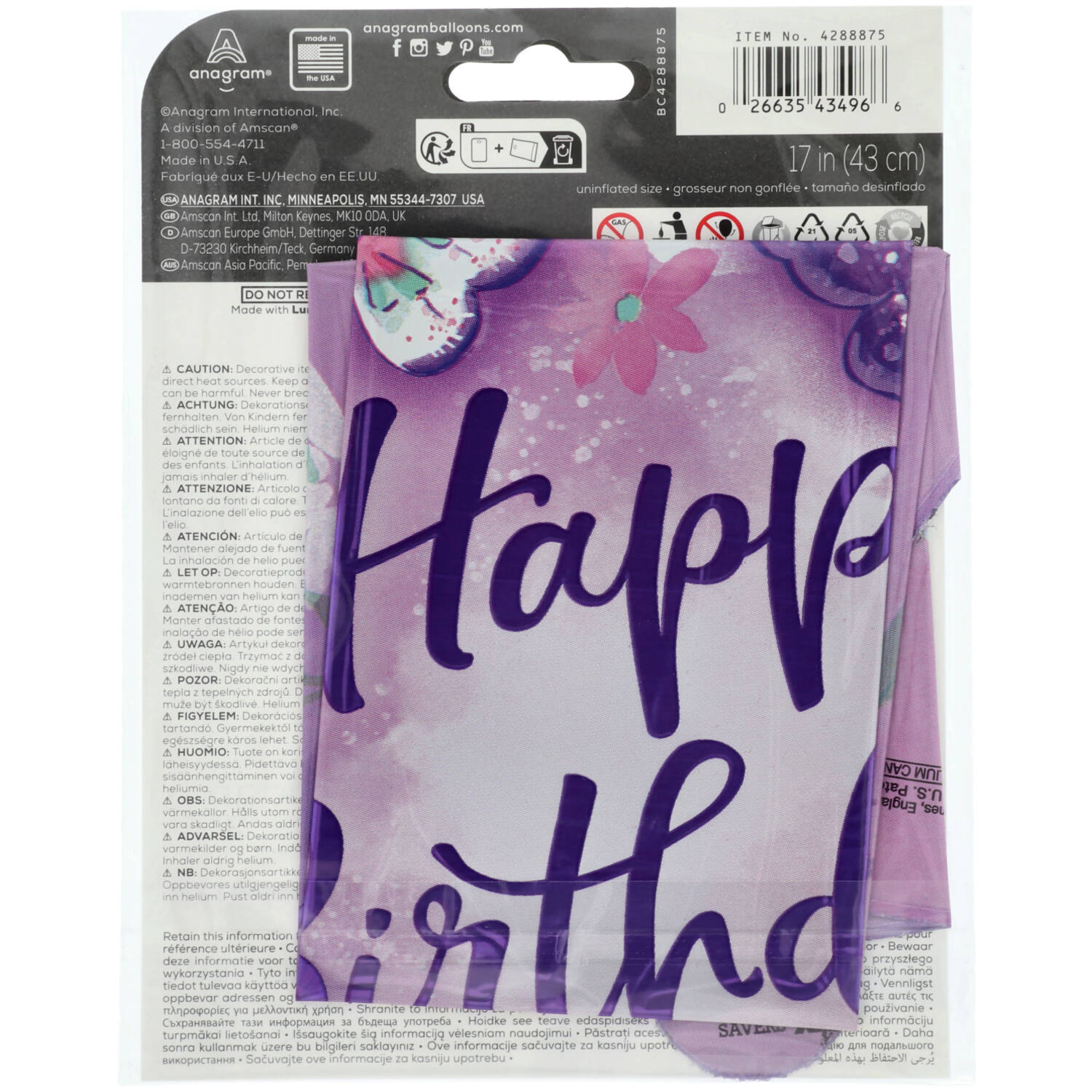 Foil Balloon - "Happy Birthday" - Flutter - Lilac - 45 cm