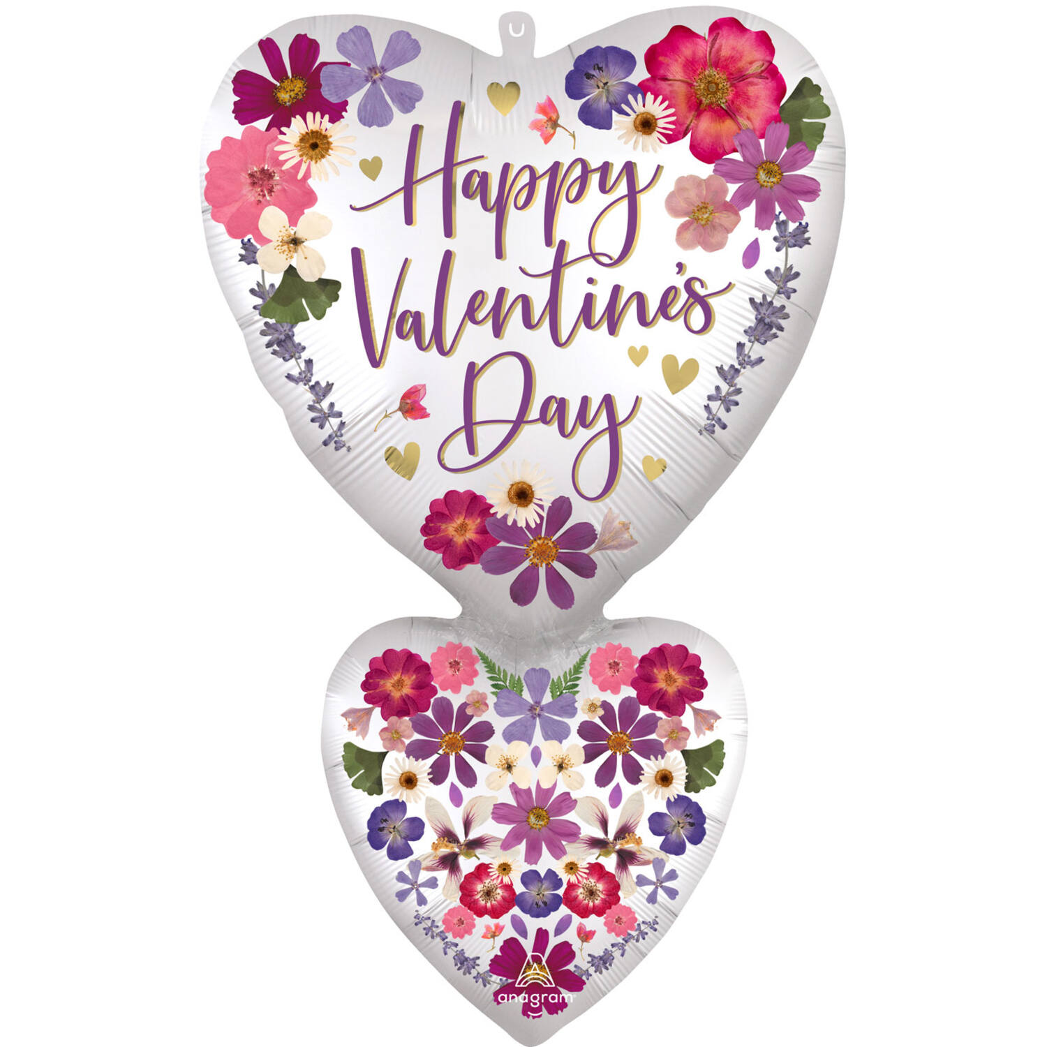Foil Balloon - Shape - Double Hearts - "Happy Valentine's Day" - Pressed Flowers