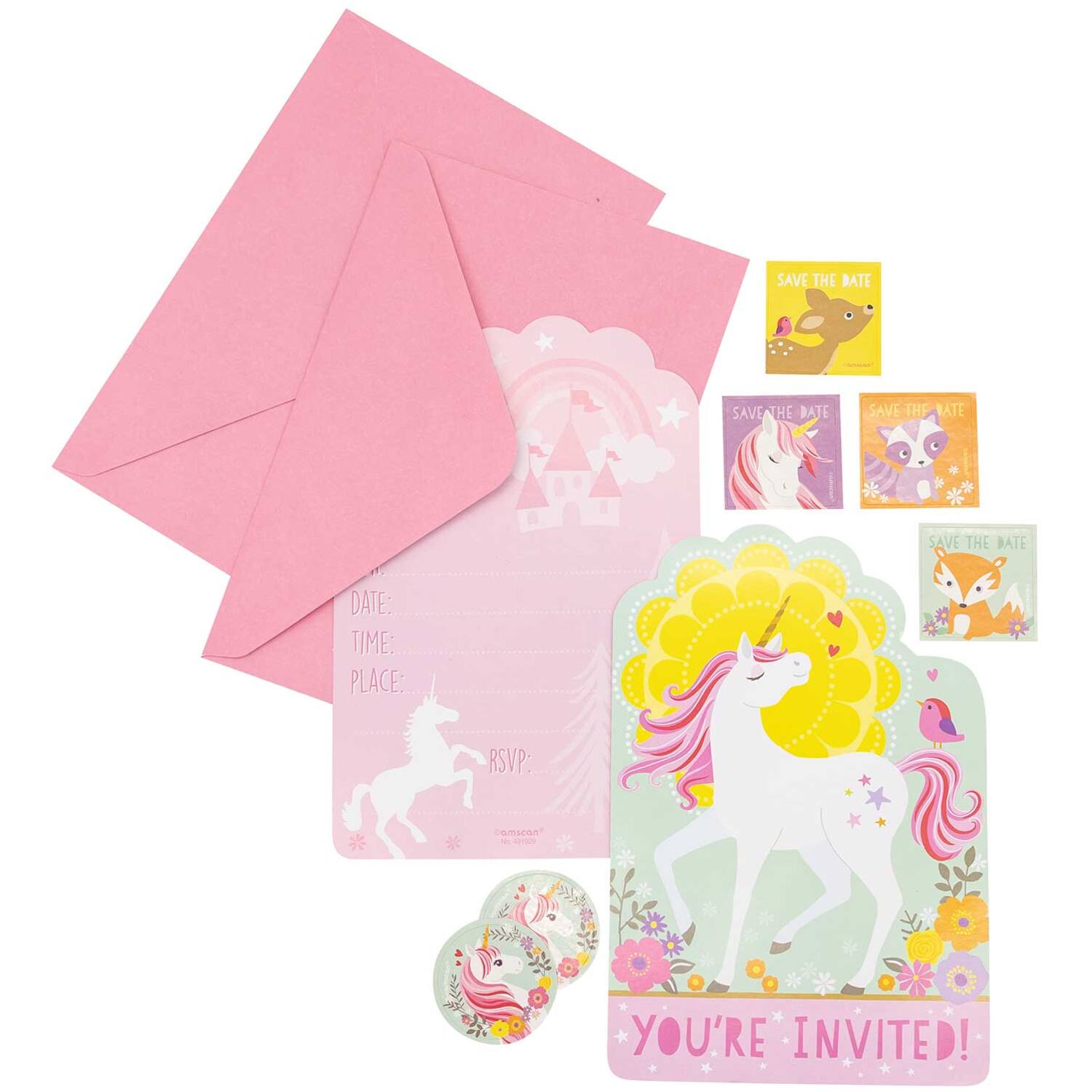 8 Invitations & Envelopes & Stickers Magical Unicorn Paper 10.7 x 15.8 cm