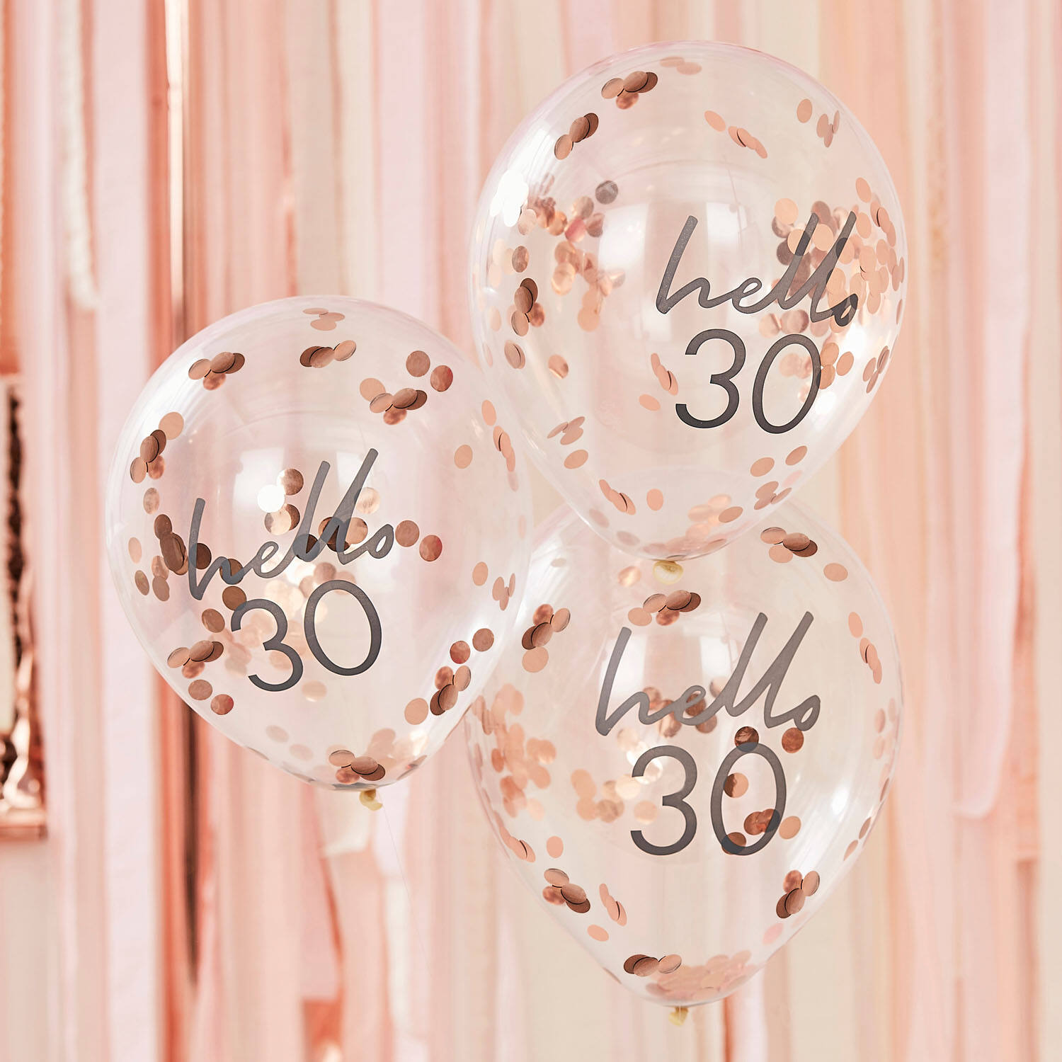 Rose Gold Confetti Filled 'Hello 30' Balloons
