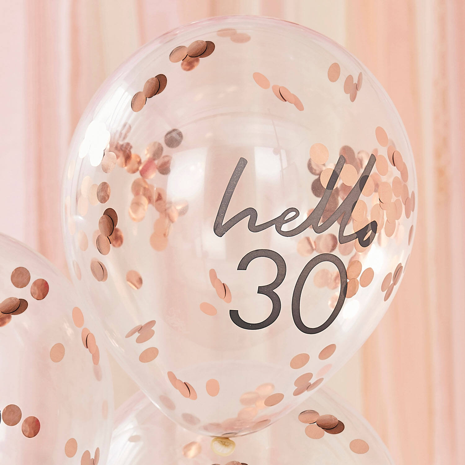 Rose Gold Confetti Filled 'Hello 30' Balloons