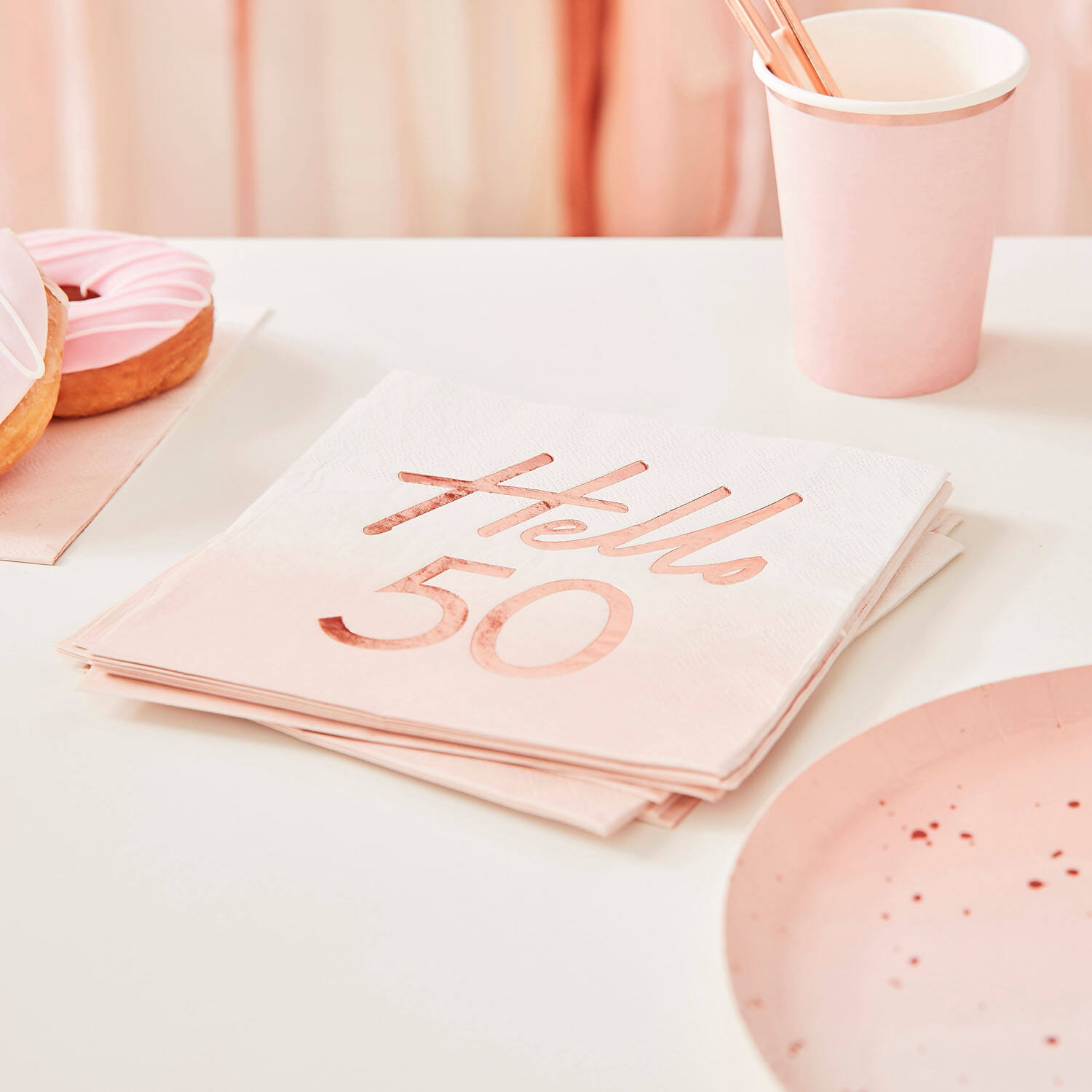 Rose Gold Foiled Watercolour Napkin - Hello 50