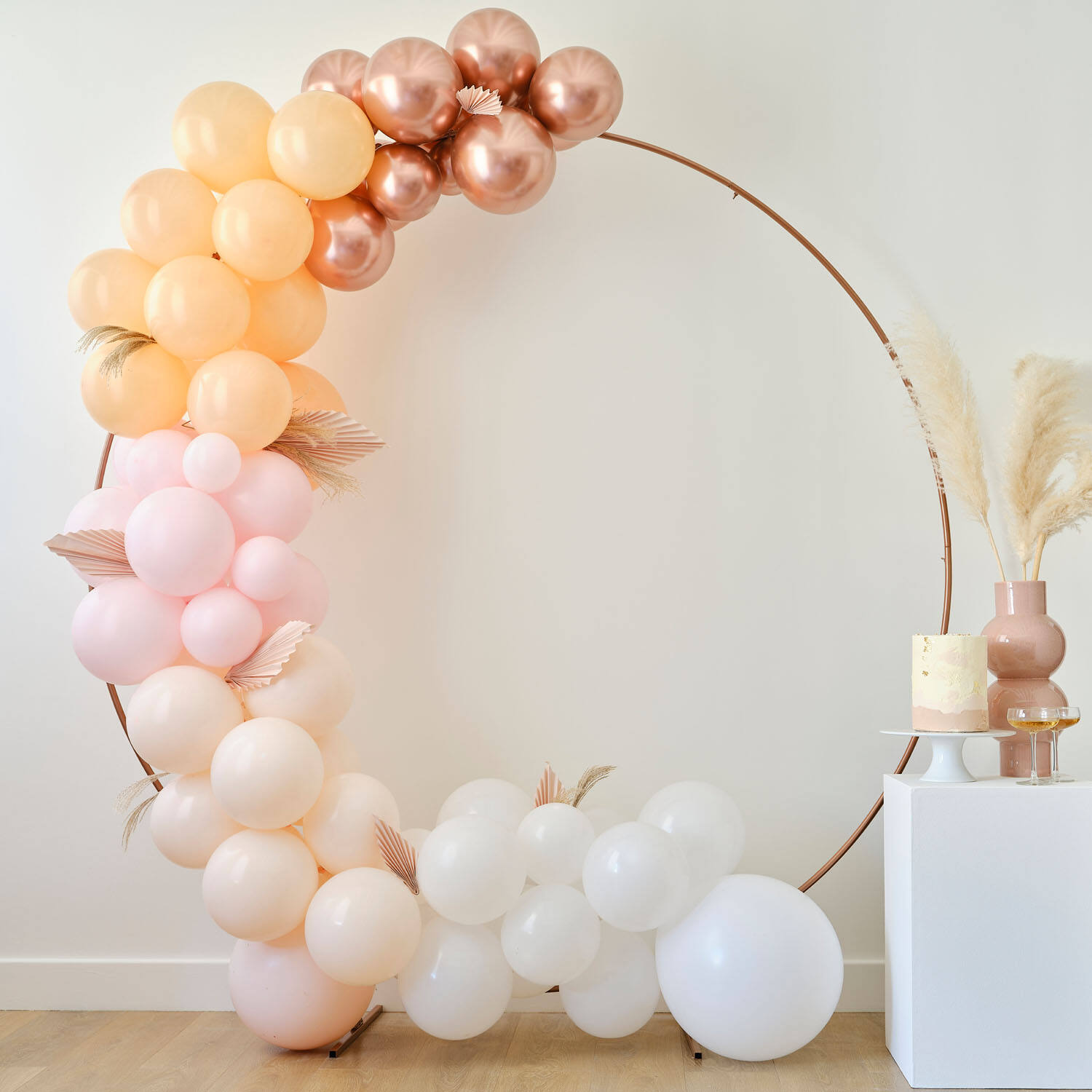 Balloon Arch - White, Peach and Rose Gold with Fans