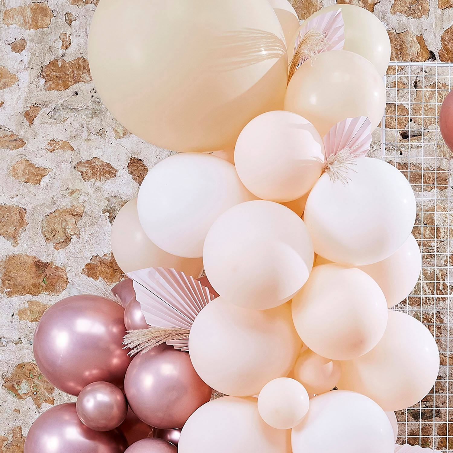 Balloon Arch - White, Peach and Rose Gold with Fans