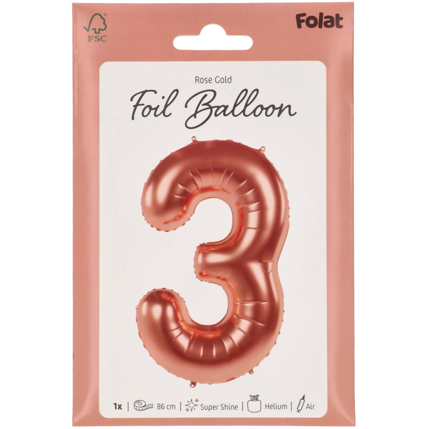 Foil Balloon Number 3 - Rose Gold - 86 cm