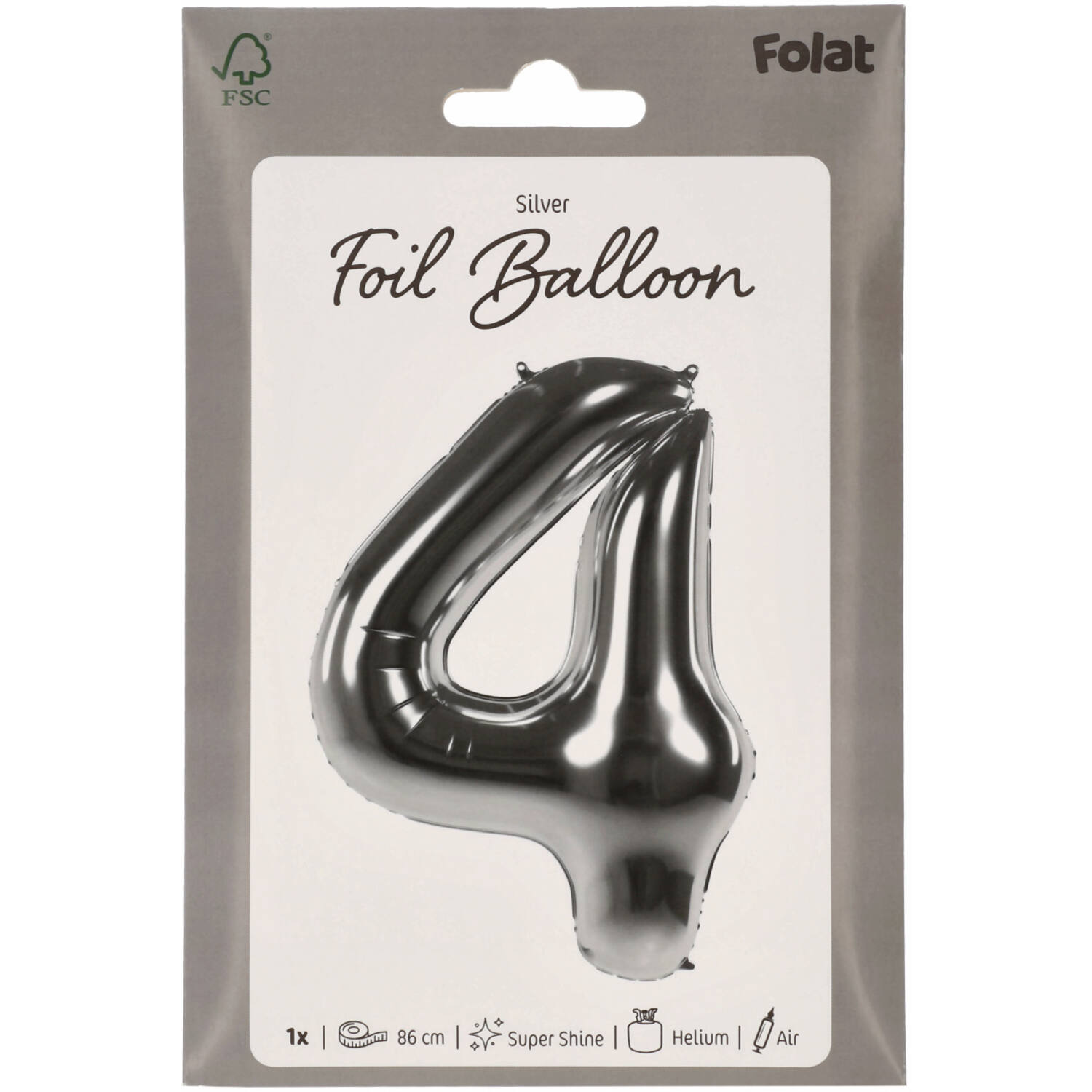 Foil Balloon Number 4 - Silver - 86 cm