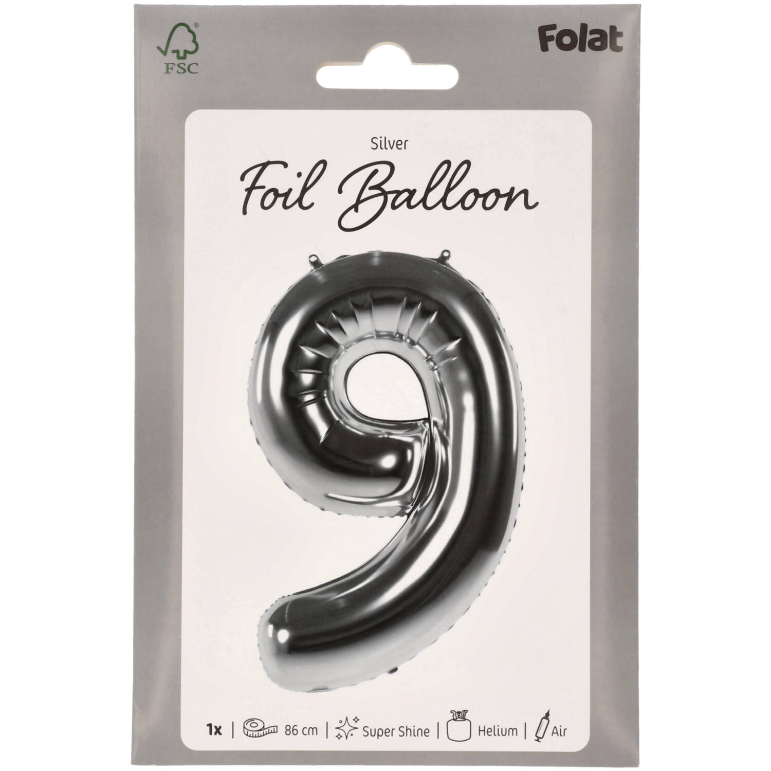 Foil Balloon Number 9 - Silver - 86 cm