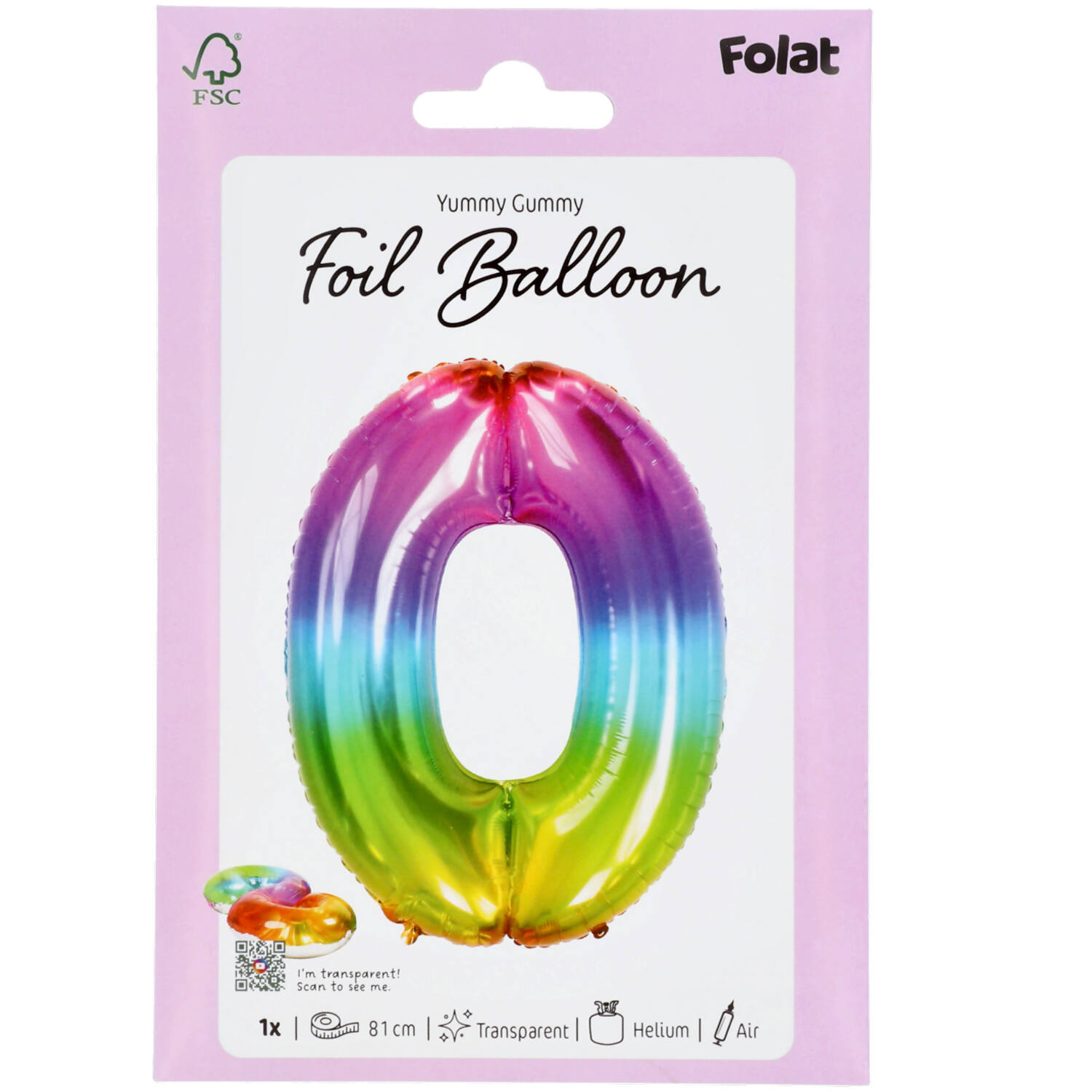 Foil Balloon Shaped Number 0 Yummy Gummy Rainbow - 81 cm