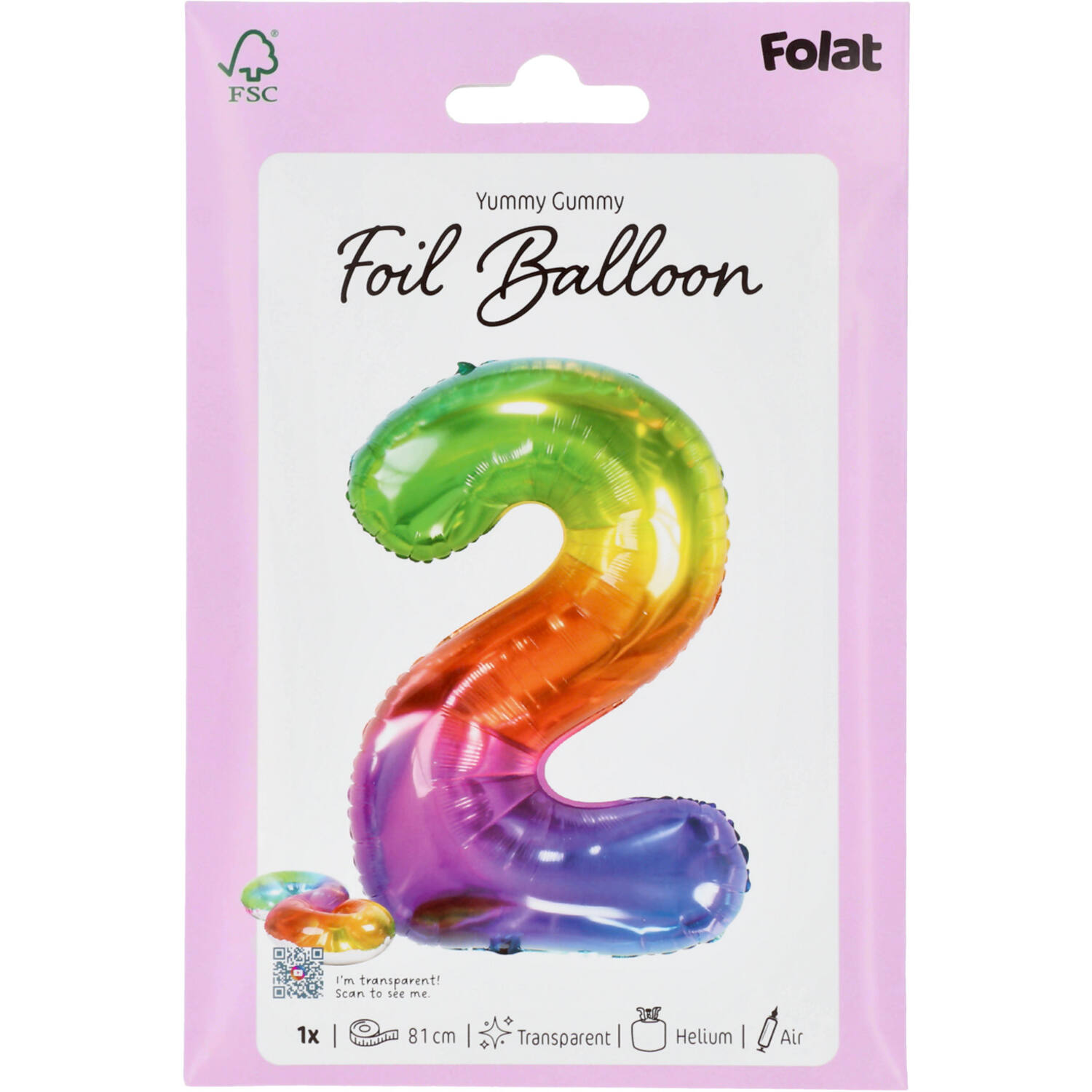 Foil Balloon Shaped Number 2 Yummy Gummy Rainbow - 81 cm