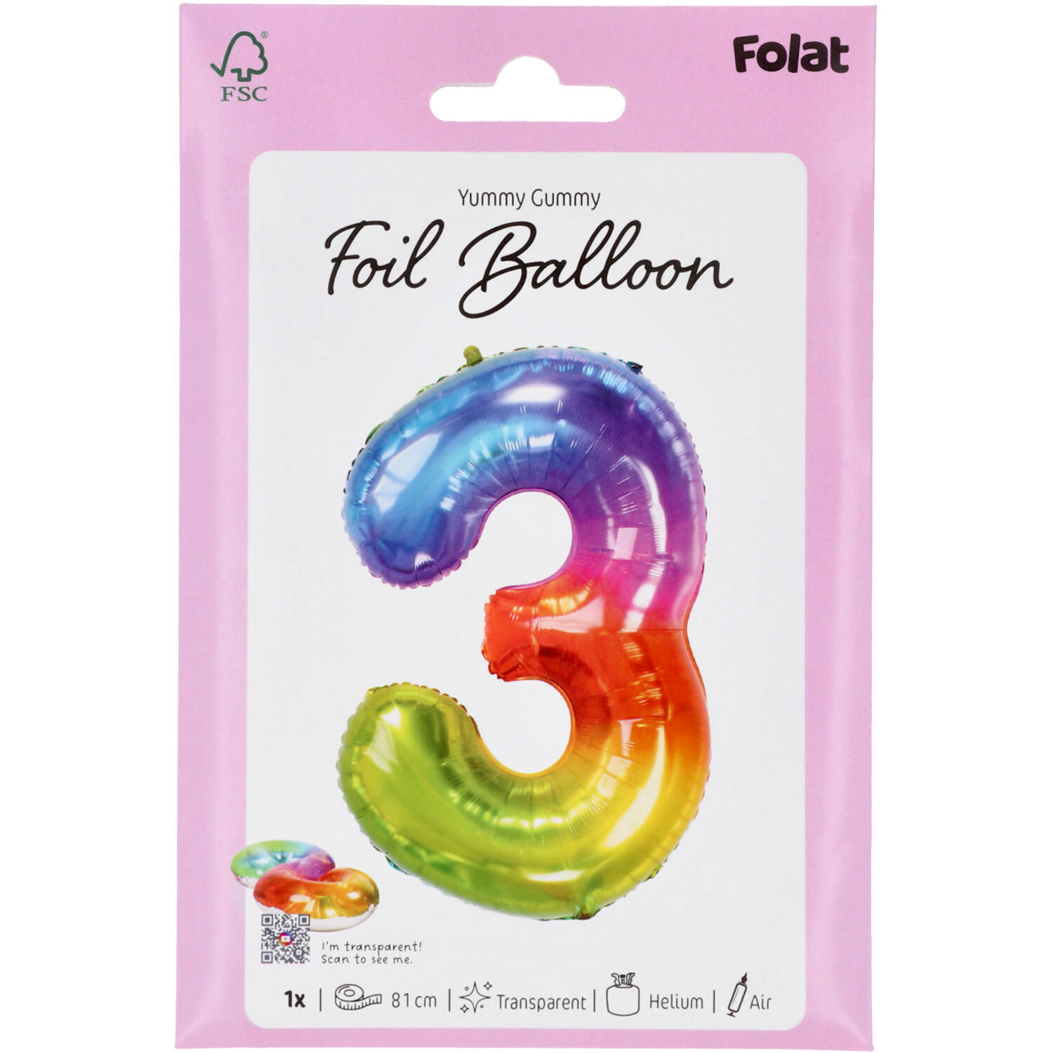 Foil Balloon Shaped Number 3 Yummy Gummy Rainbow - 81 cm