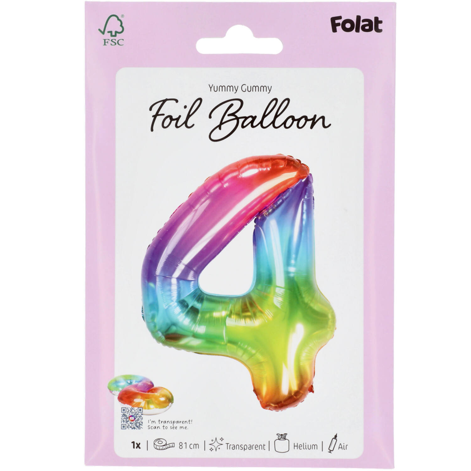 Foil Balloon Shaped Number 4 Yummy Gummy Rainbow - 81 cm