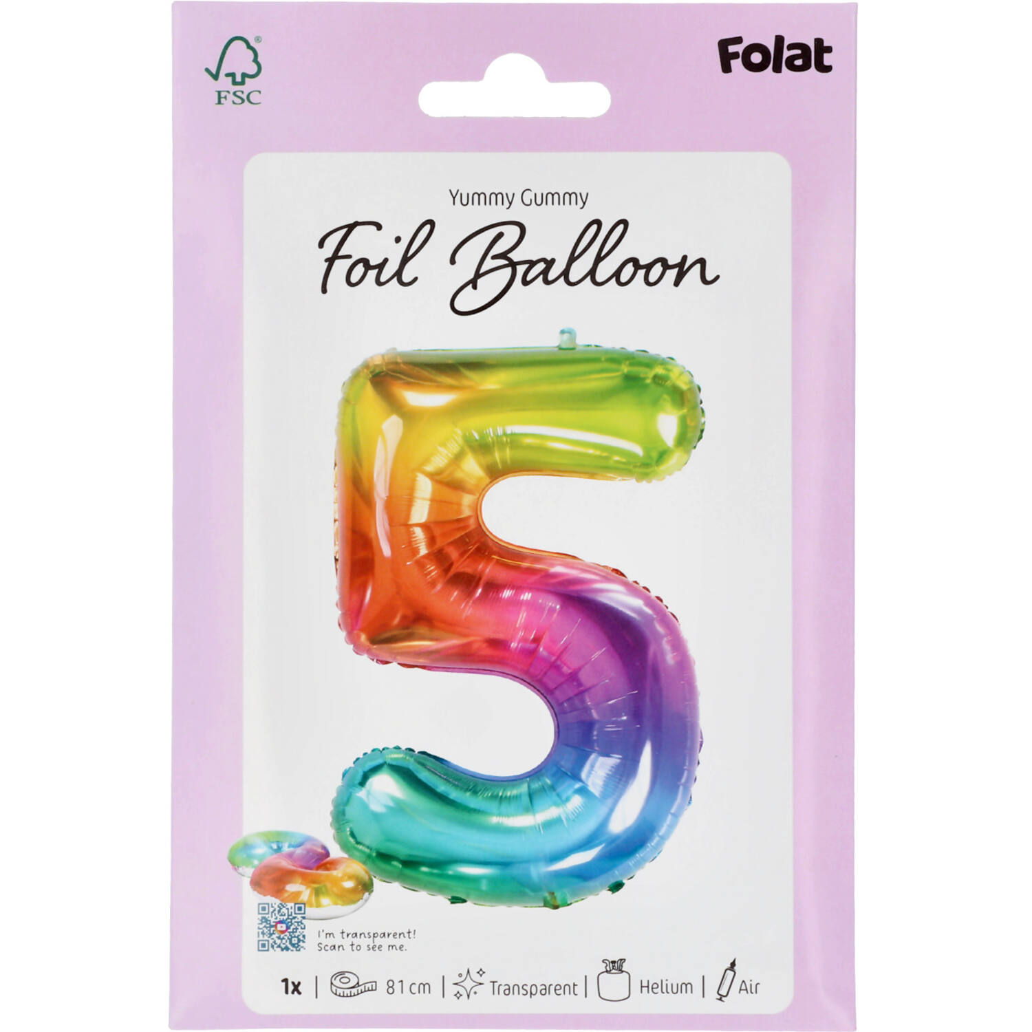 Foil Balloon Shaped Number 5 Yummy Gummy Rainbow - 81 cm