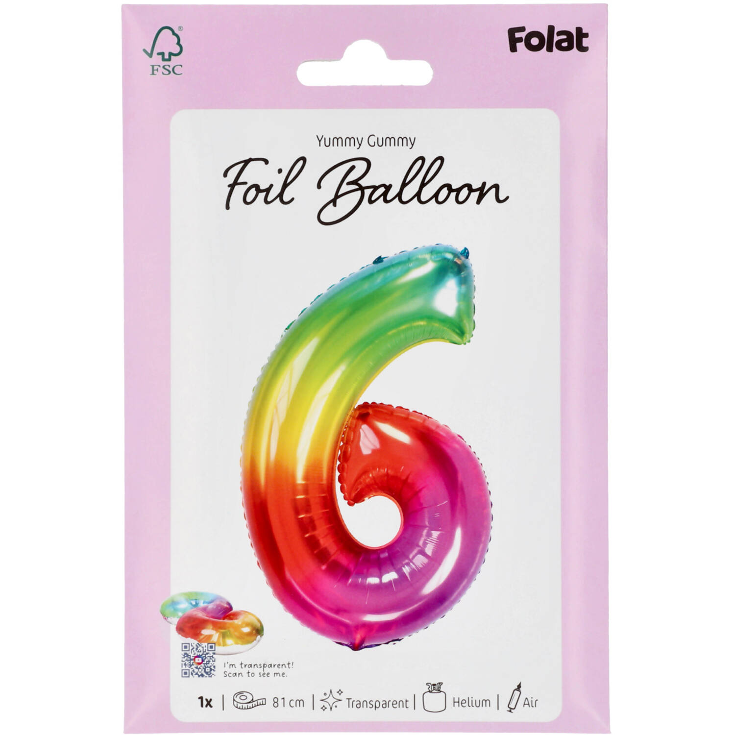 Foil Balloon Shaped Number  6 Yummy Gummy Rainbow - 81 cm