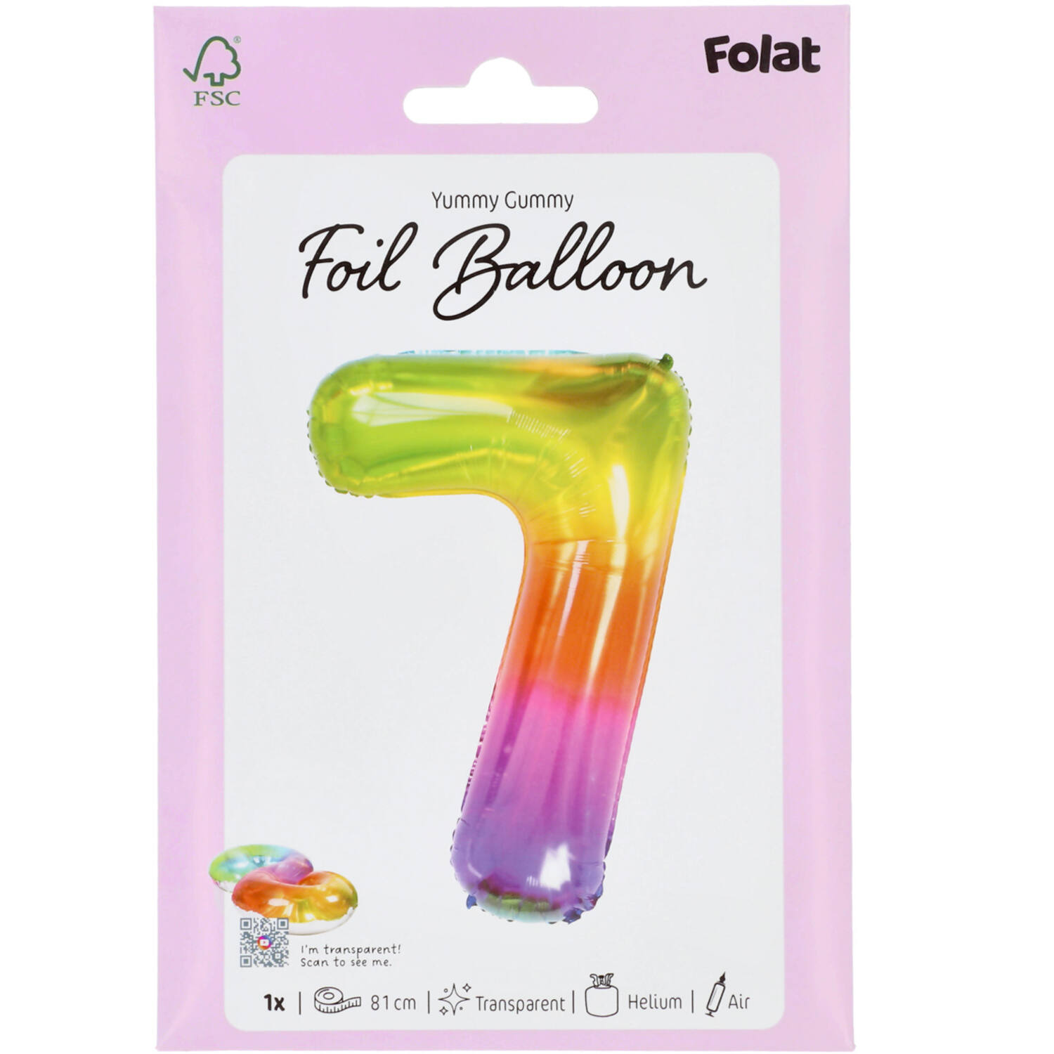 Foil Balloon Shaped Number 7 Yummy Gummy Rainbow - 81 cm
