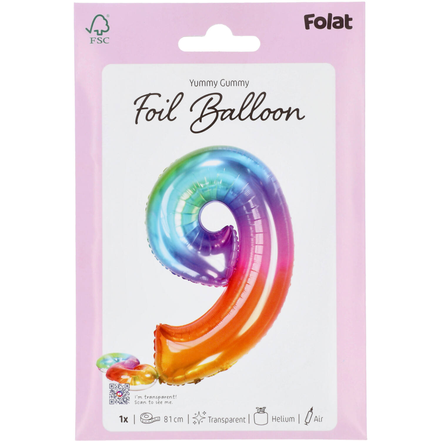Foil Balloon Shaped Number 9 Yummy Gummy Rainbow - 81 cm