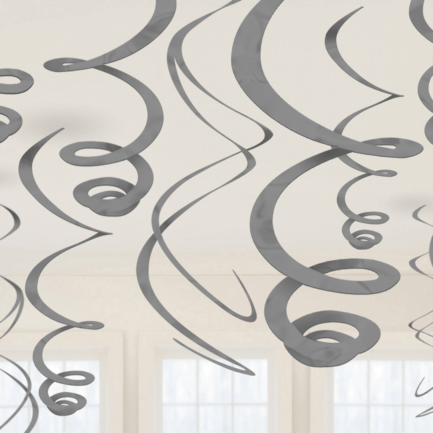 12 Swirl Decorations Silver Foil 55.8 cm