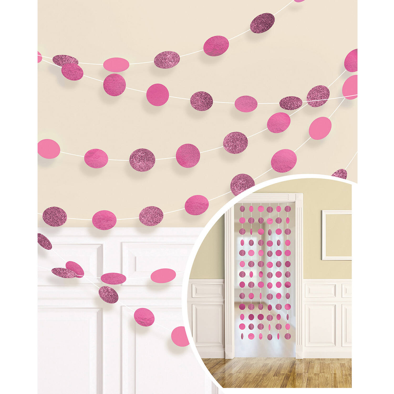 6 String Decorations Glitter Bright Pink Foil 213 cm