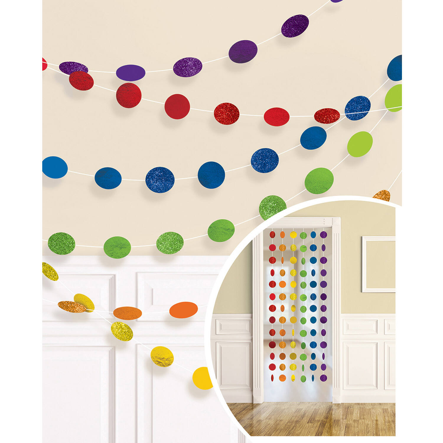 6 String Decorations Glitter Rainbow Foil 213 cm
