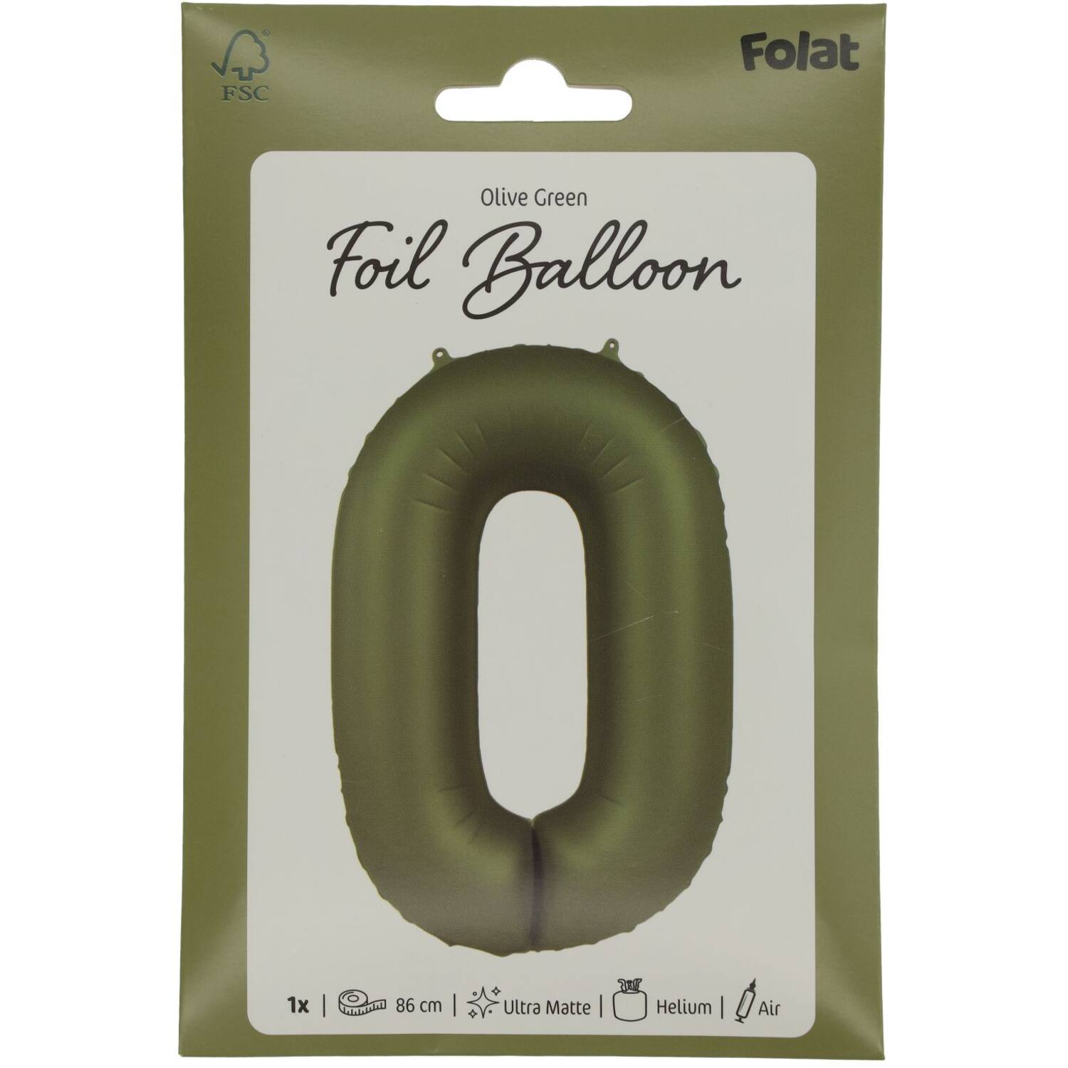 Foil balloon Number 0 - Olive Green - Ultra Matt - 86 cm